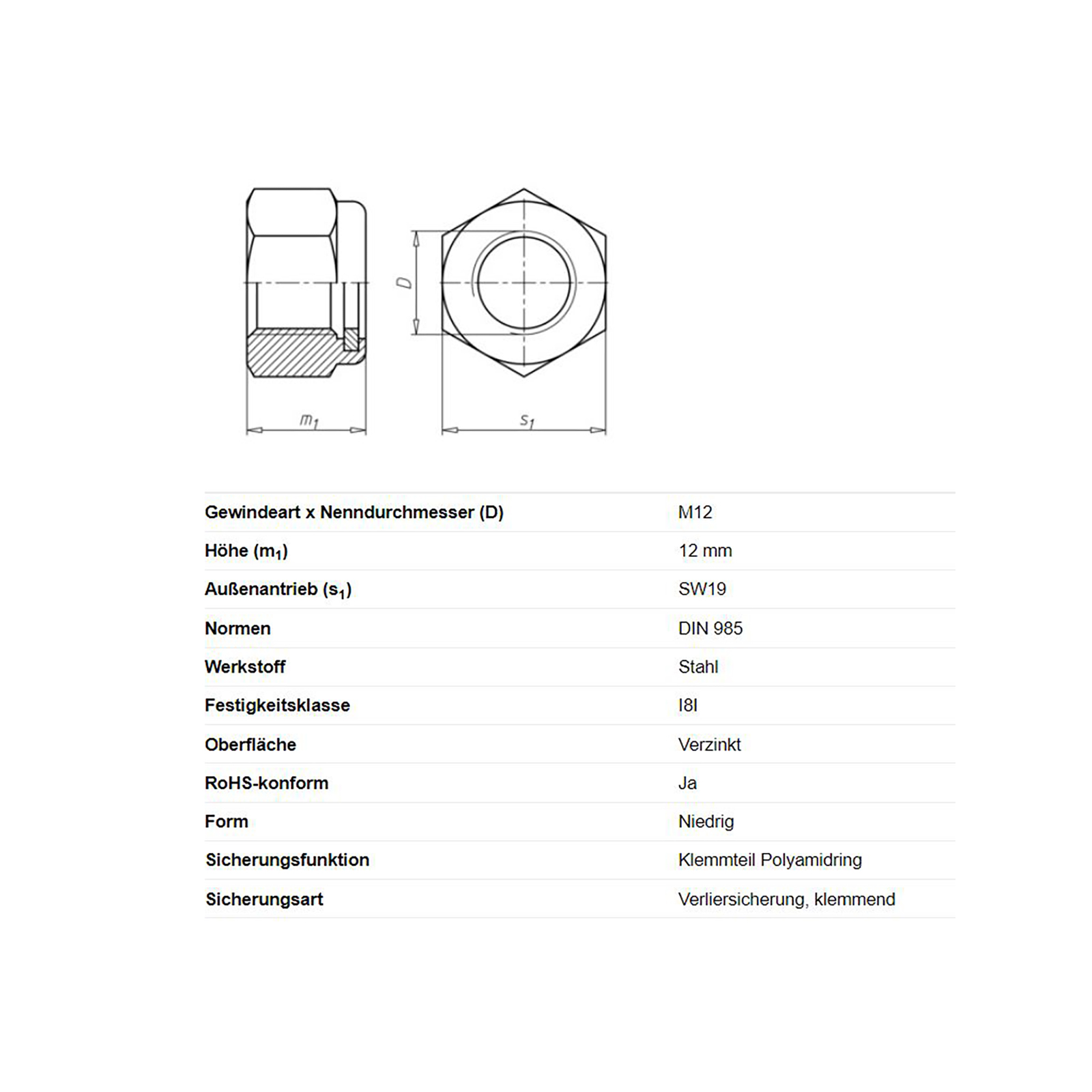 Zeskantmoer M12 x 12 mm, zelfborgend