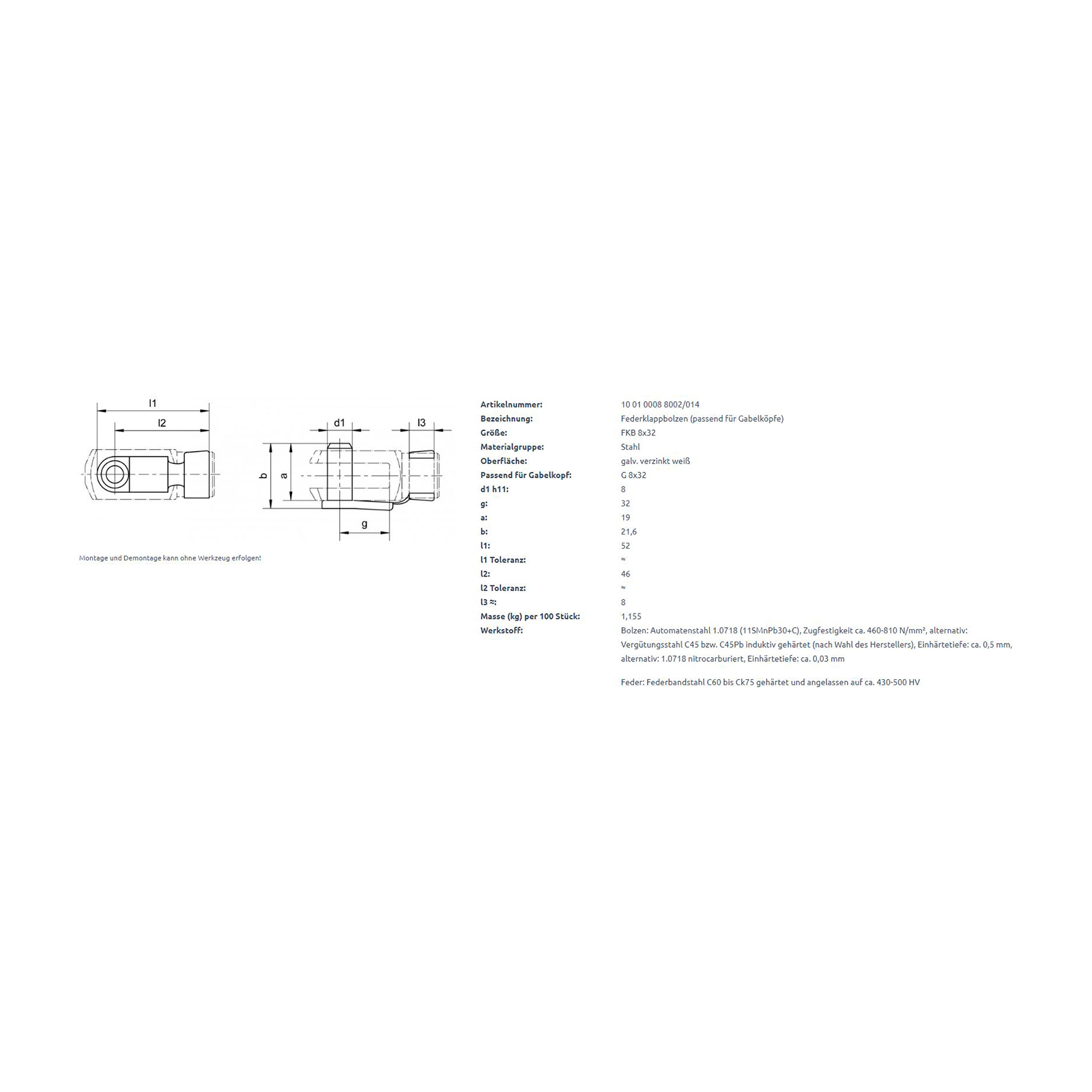 ES-bolts, galvanised
M 8 x 32