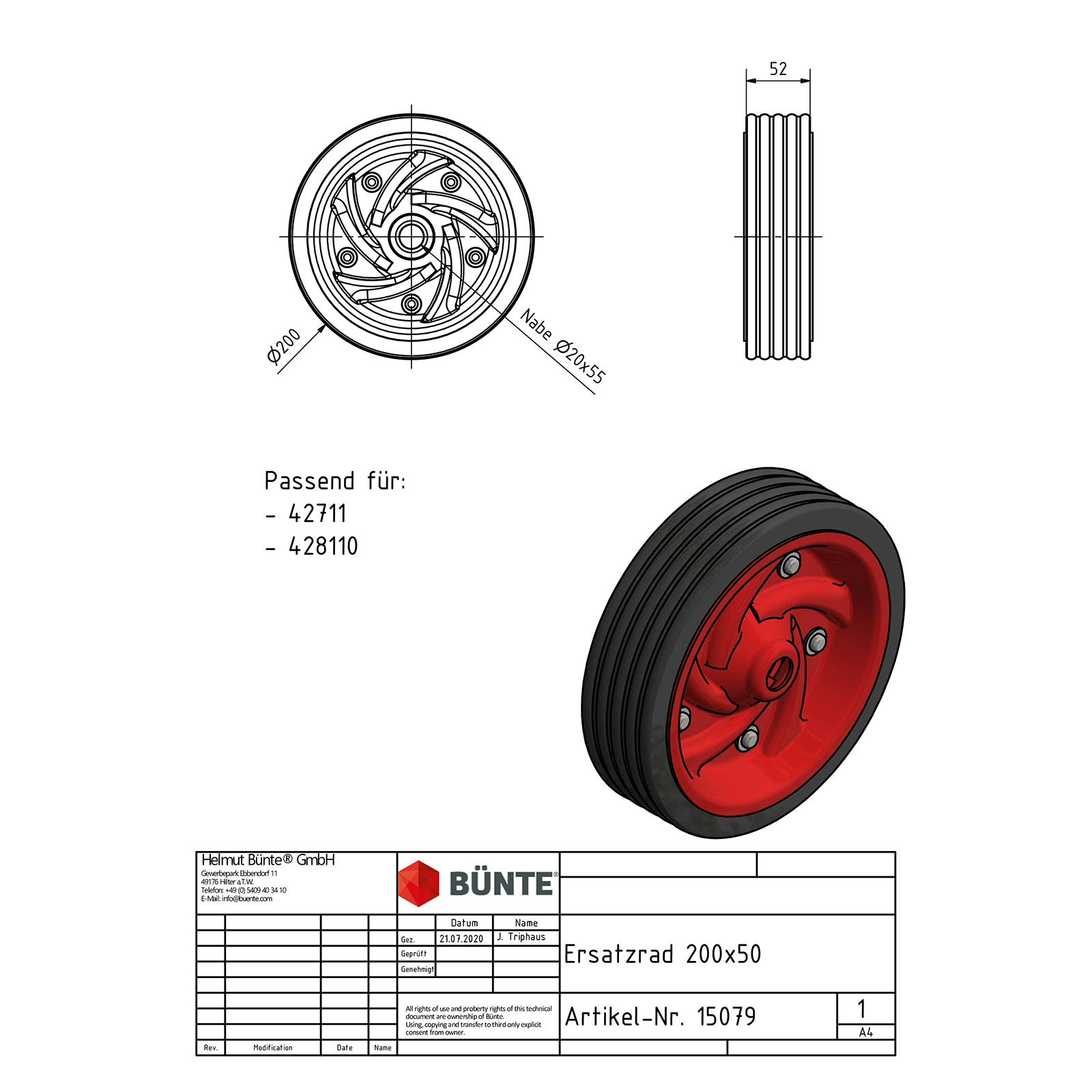 BÜNTE-KARTT Wiel, 200 x 50 mm, rode velg