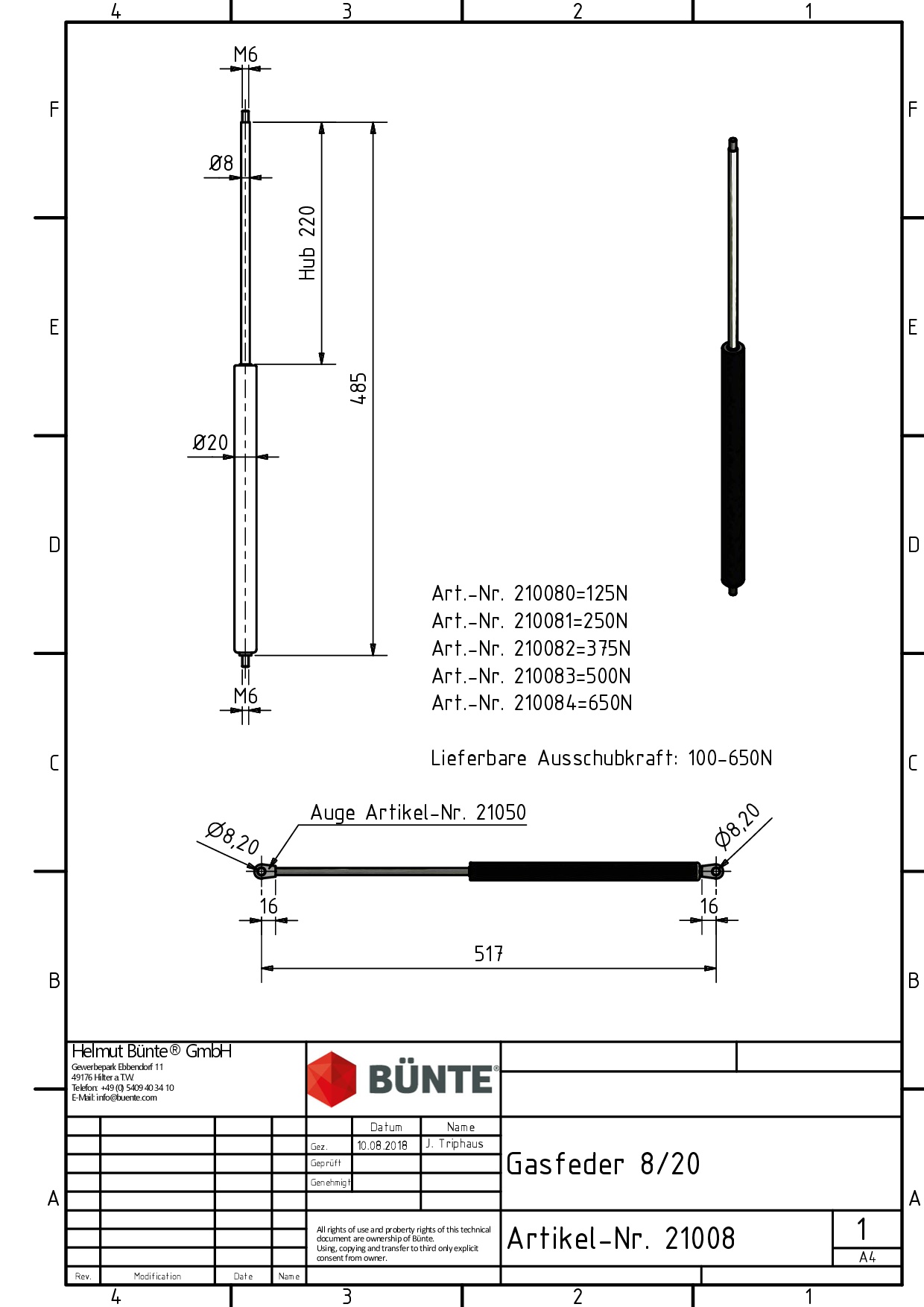 BÜNTE Gasfeder 8/19, 750 N, 485 mm, 220 mm Hub