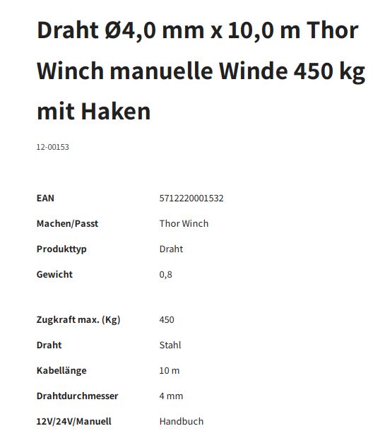 THOR WINCH Stahlseil, Ø 4 mm x 10 m, m. Haken