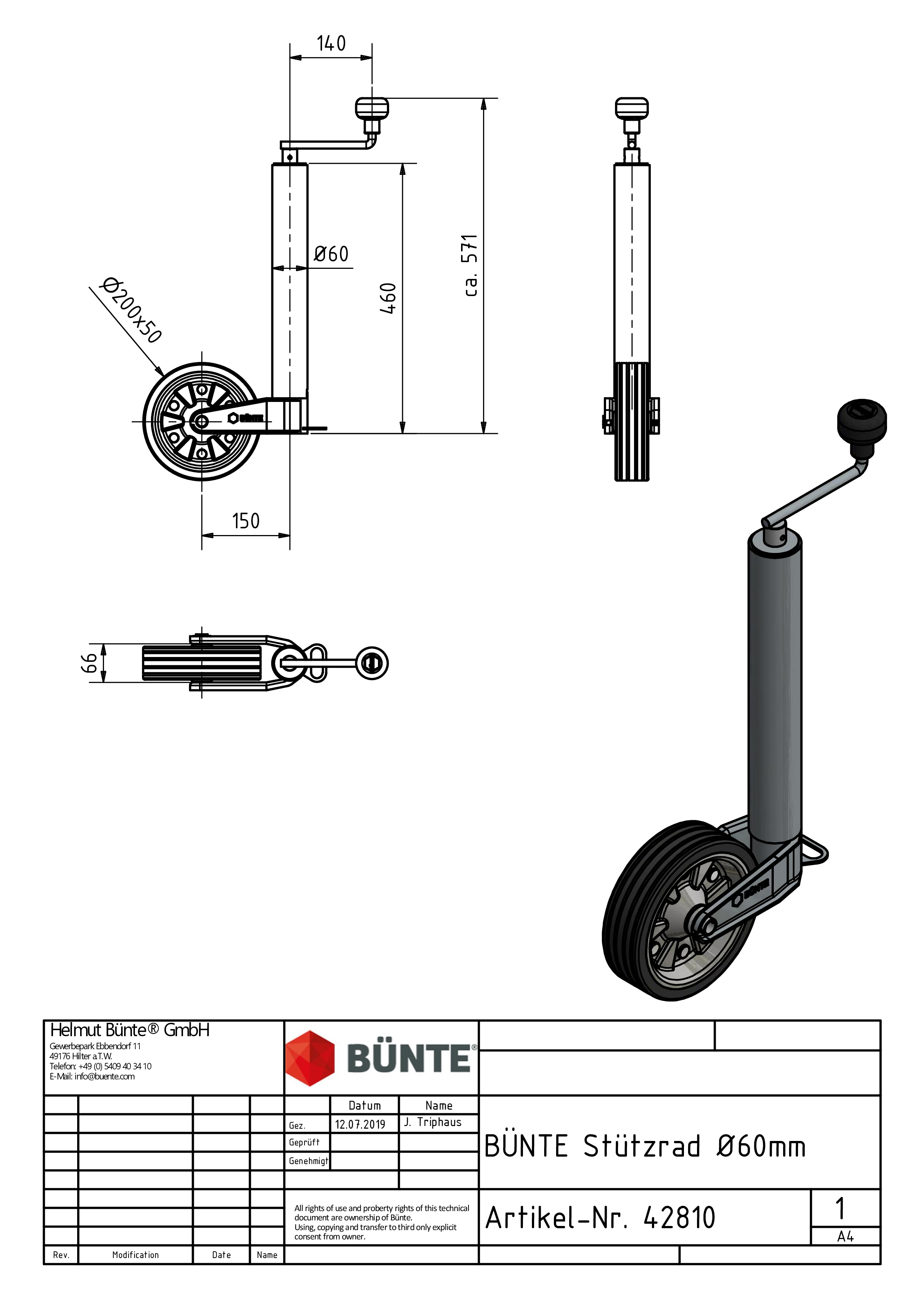 BÜNTE Steunwiel, Ø 60 mm, 200 x 50 mm, 650 x 400 m