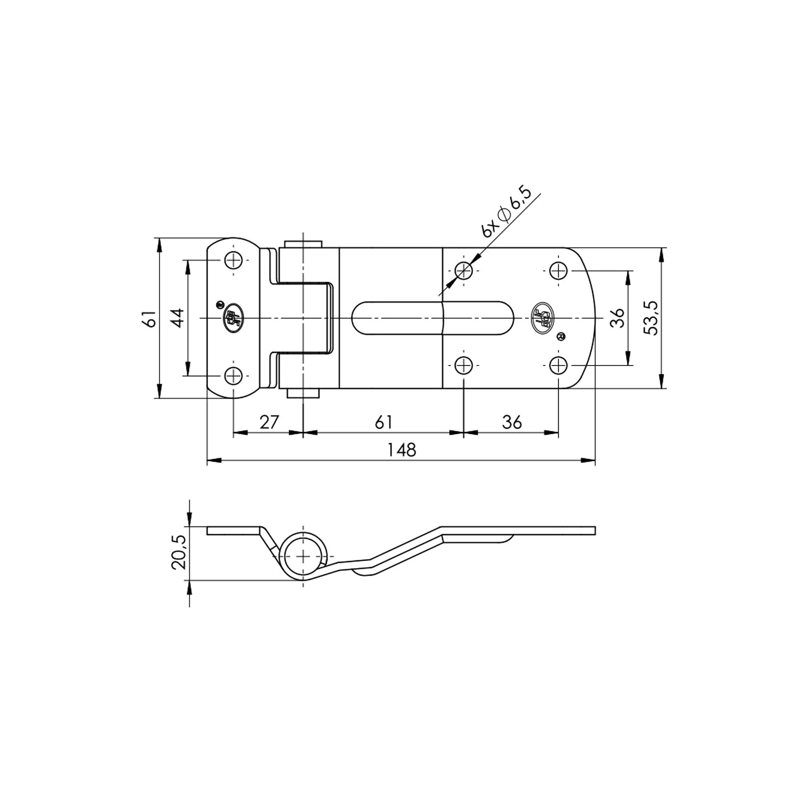 Deurscharnier, 148 mm, ZW-02.115A, gebogen, verzin