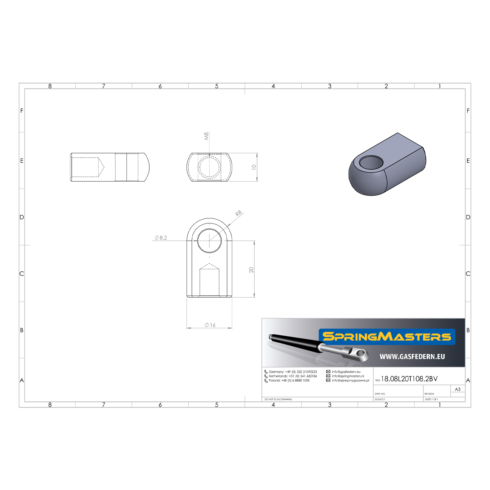 Auge flach M8, Ø 8,2 mm, wirksame Länge 20 mm