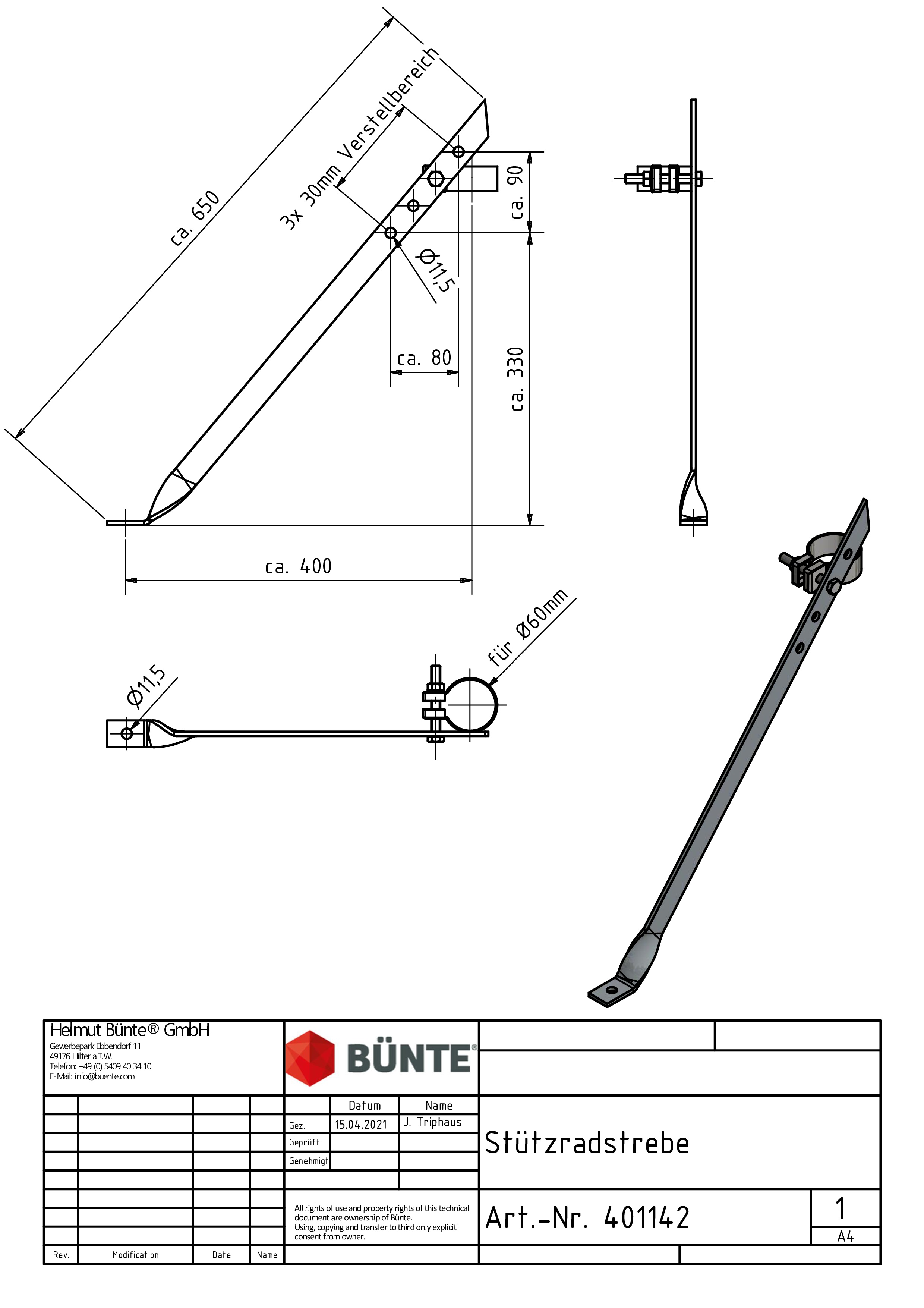 Jockey Wheel Support, 650 mm, for Ø 60 mm