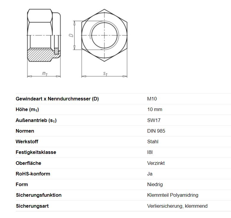 Zeskantmoer M10 x 10 mm, zelfborgend