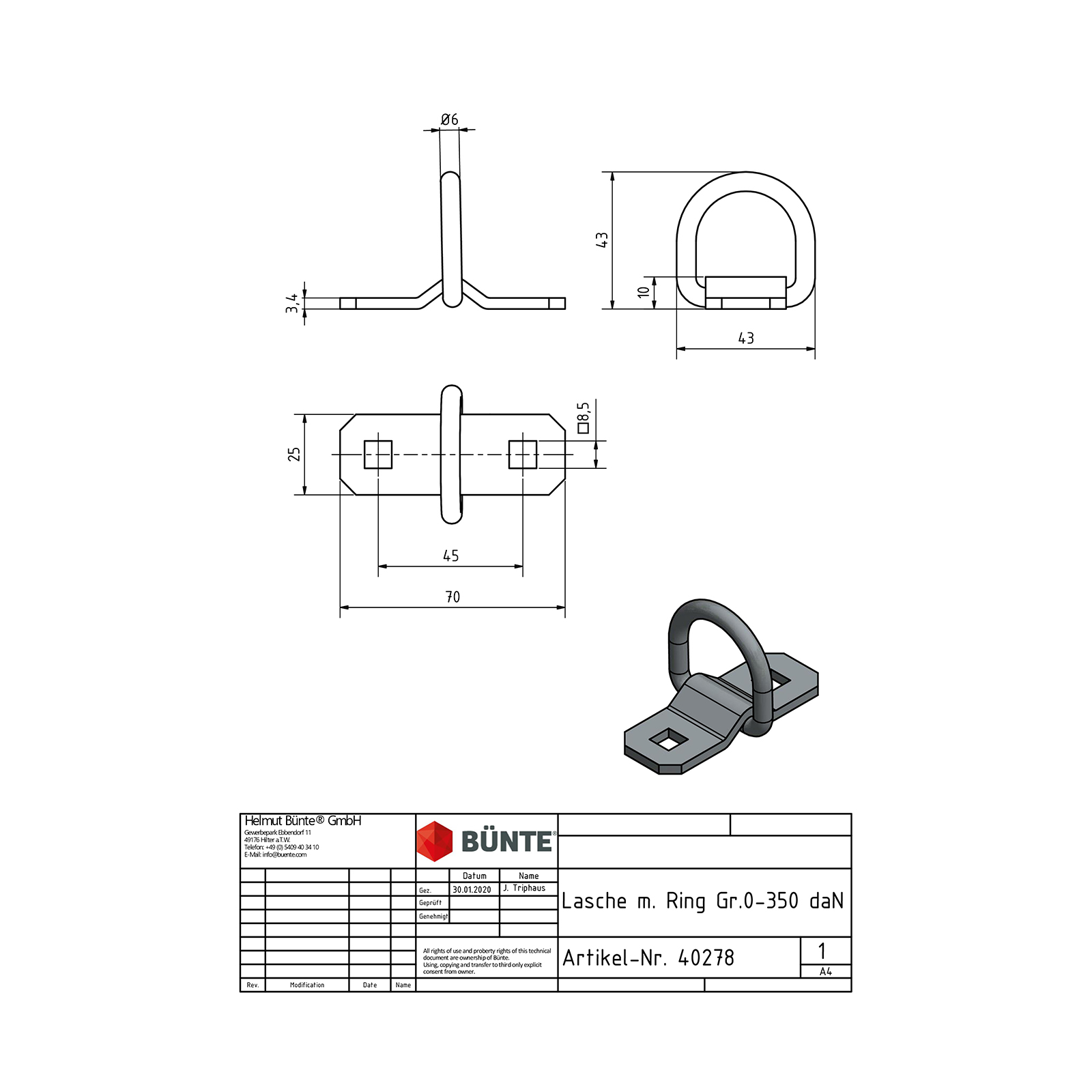 Lasche u. Ring, 25 x 70 mm, Lochabstand 45 mm