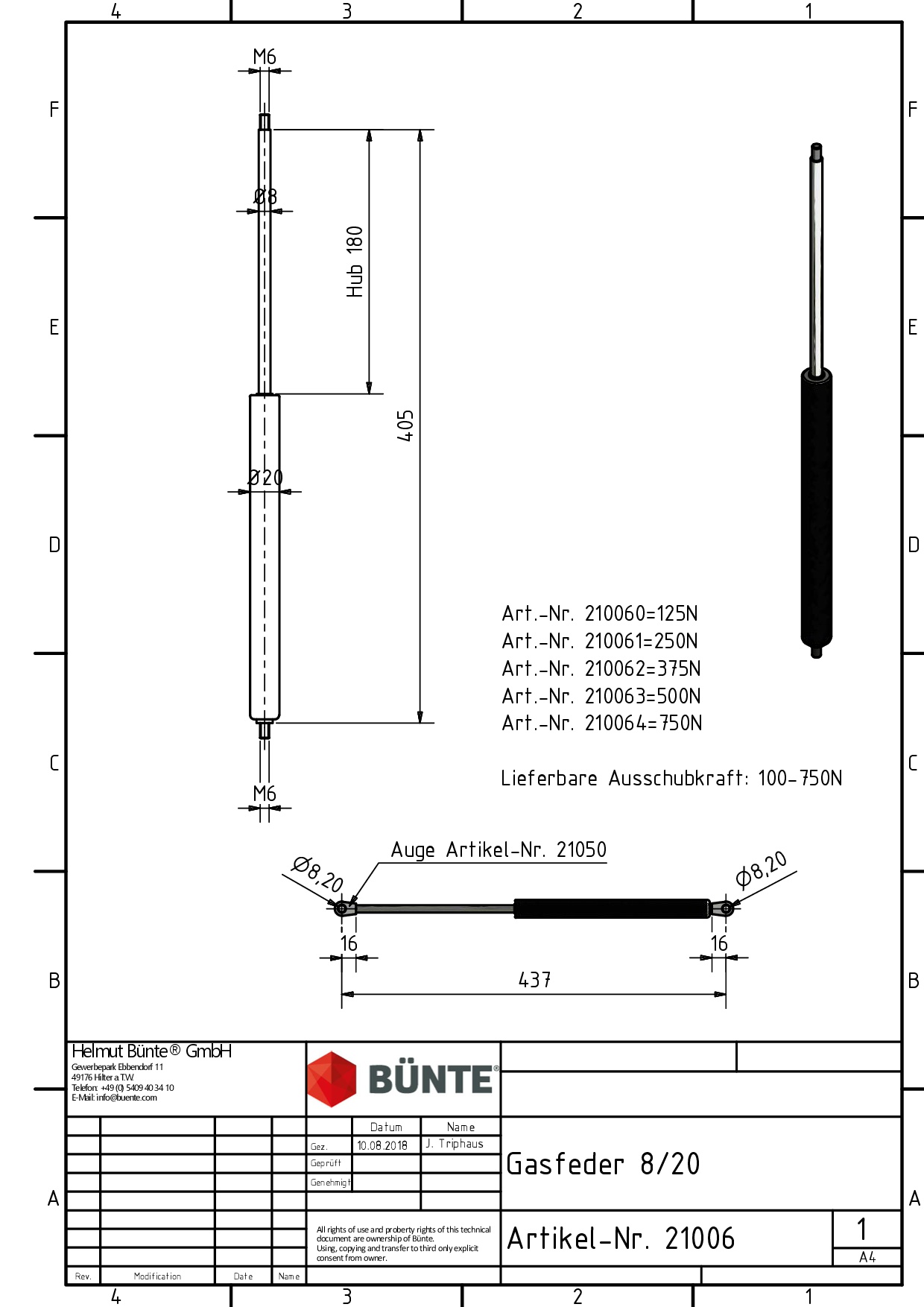 BÜNTE Gasfeder 8/19, 250 N, 405 mm, 180 mm Hub