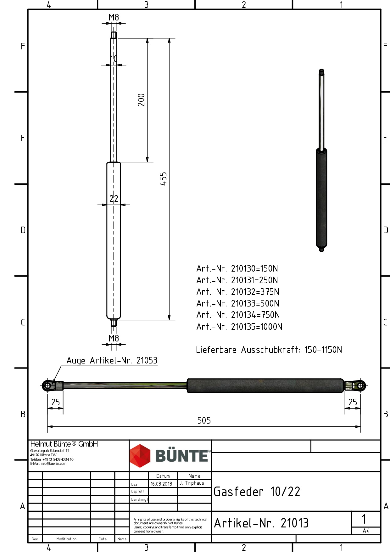 BÜNTE Gasfeder 10/22, 500 N, 455 mm, 200 mm Hub