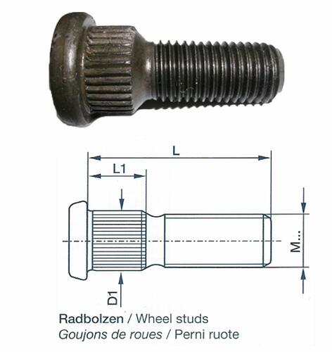 Radbolzen m. Riffelbund, M12 x 1,5 x 36 mm