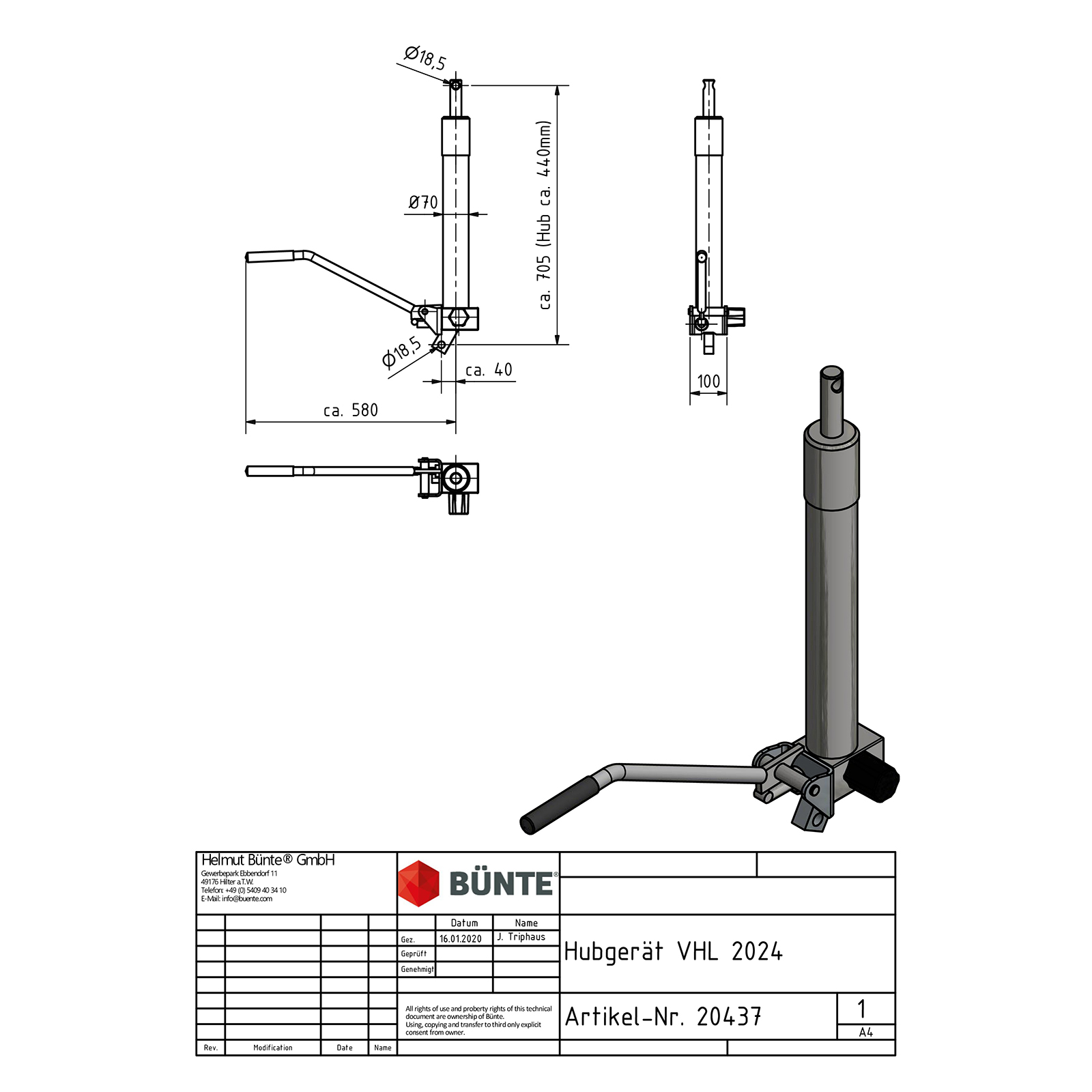 Hubgerät VHL 2034-444, 444 mm Hub