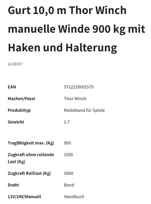 THOR WINCH Gurtband, 10 m, m. Haken/Halterung