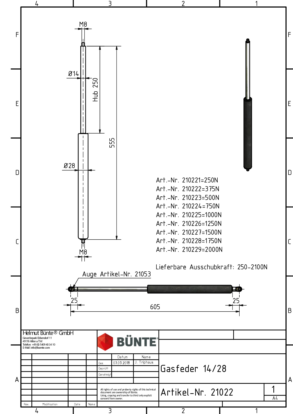 BÜNTE Gasfeder 14/28, 2000 N, 555 mm, 250 mm Hub