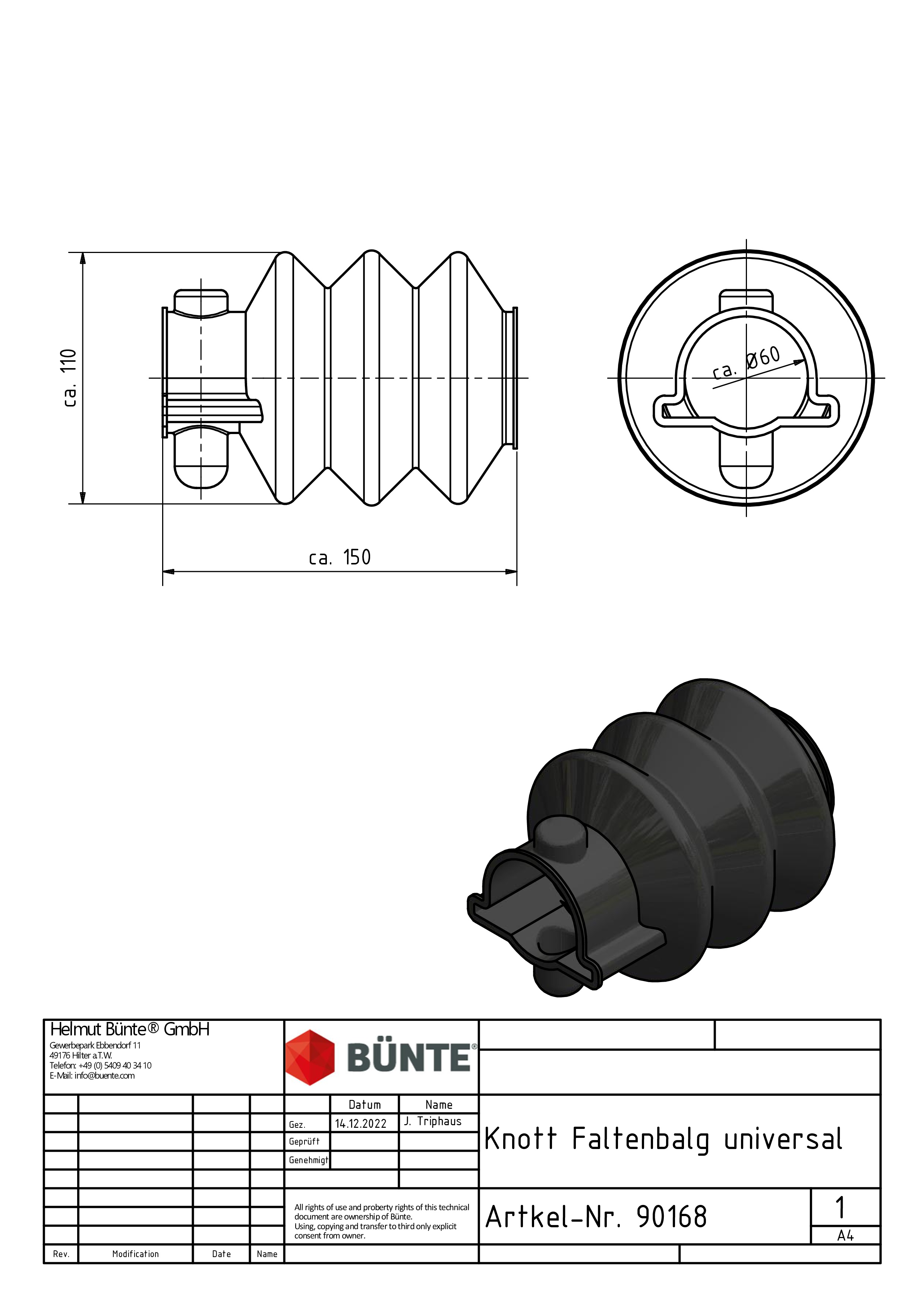 KNOTT Faltenbalg, Ø 55/62 x 140 mm, 3 Falten