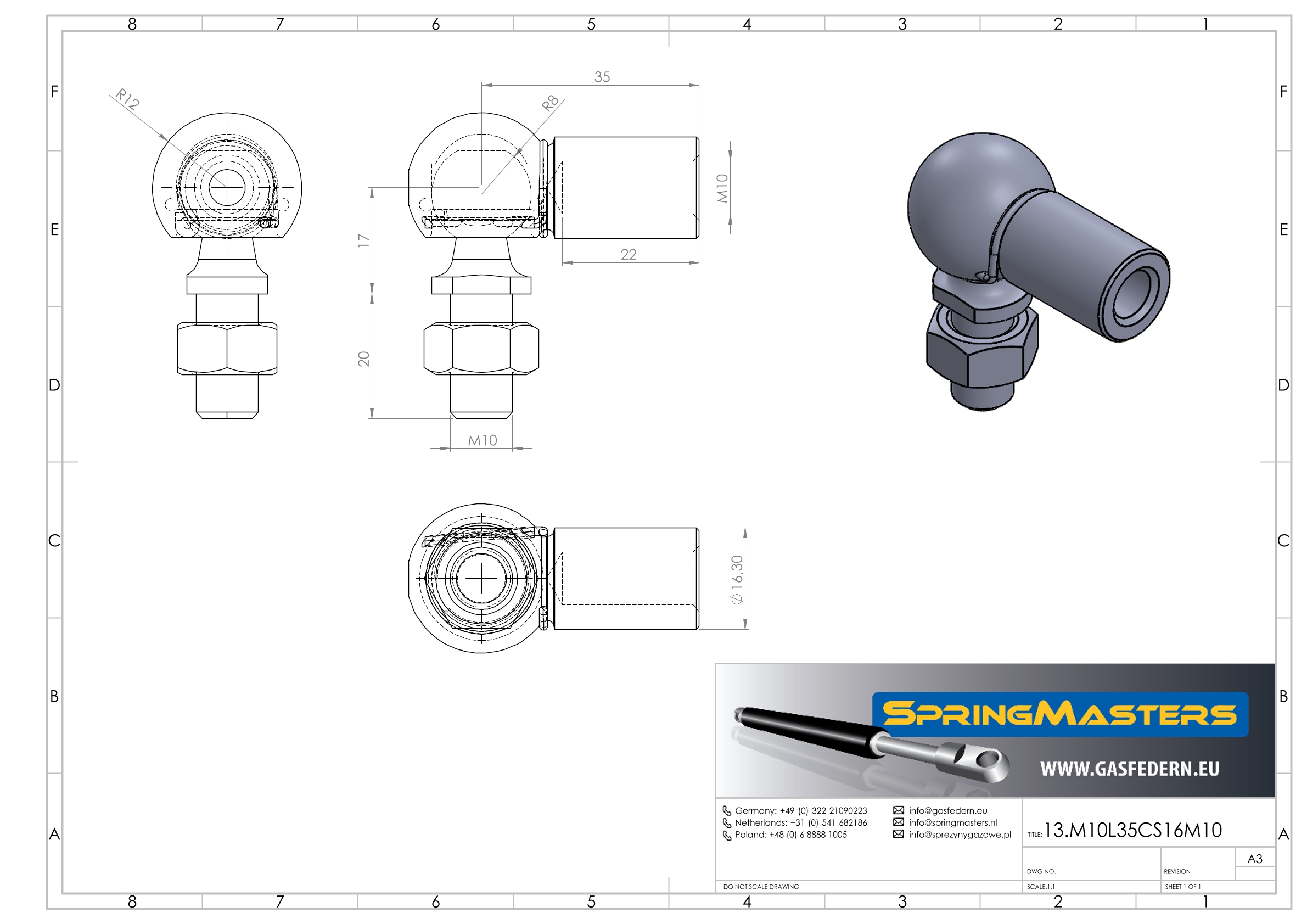 Haaks kogelgewricht M10, M10 x 20 mm