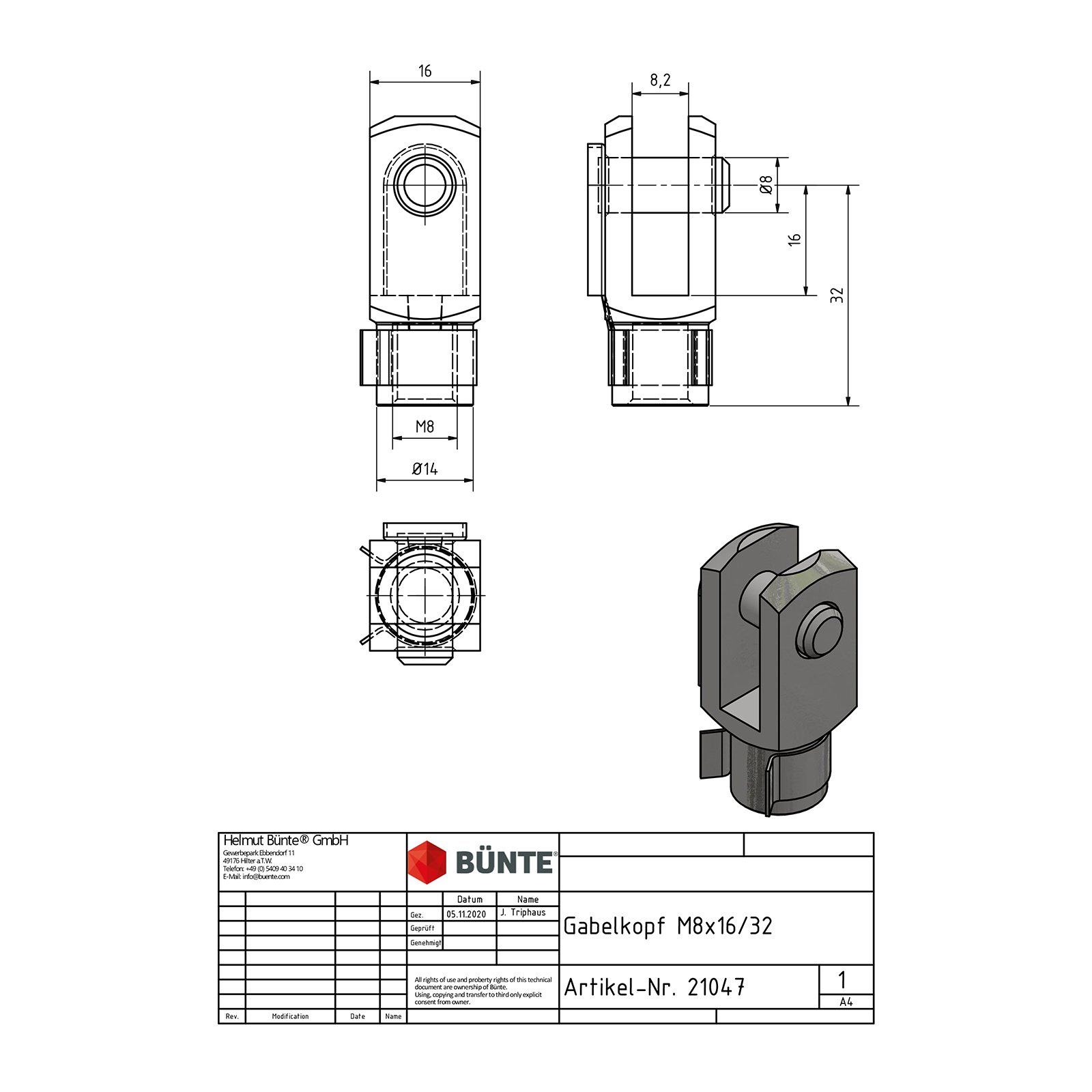 Gabelkopf m. ES-Bolzen M8, 16 x 42 mm