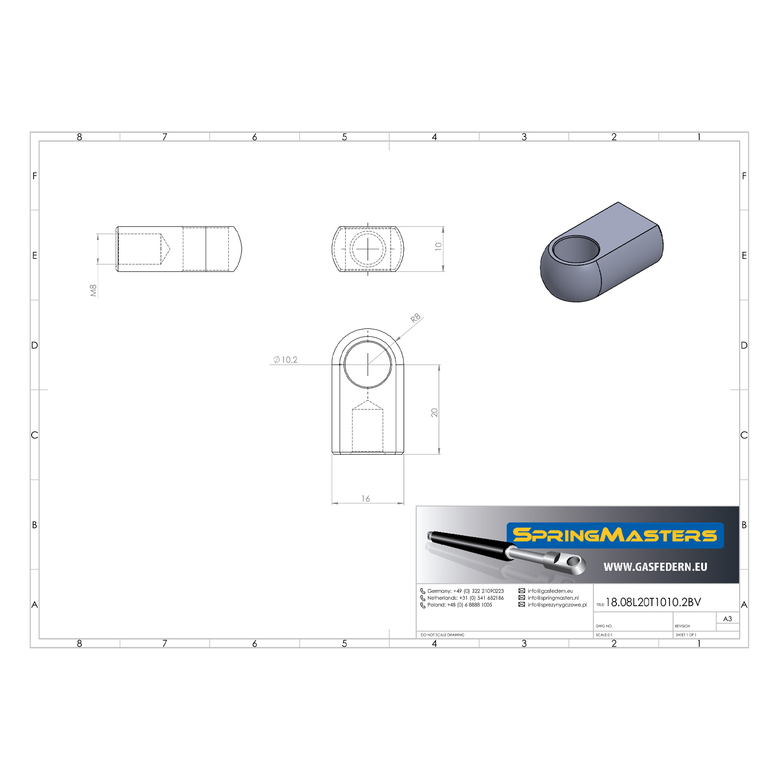 Auge flach M8, Ø 10,2 mm, wirksame Länge 20 mm