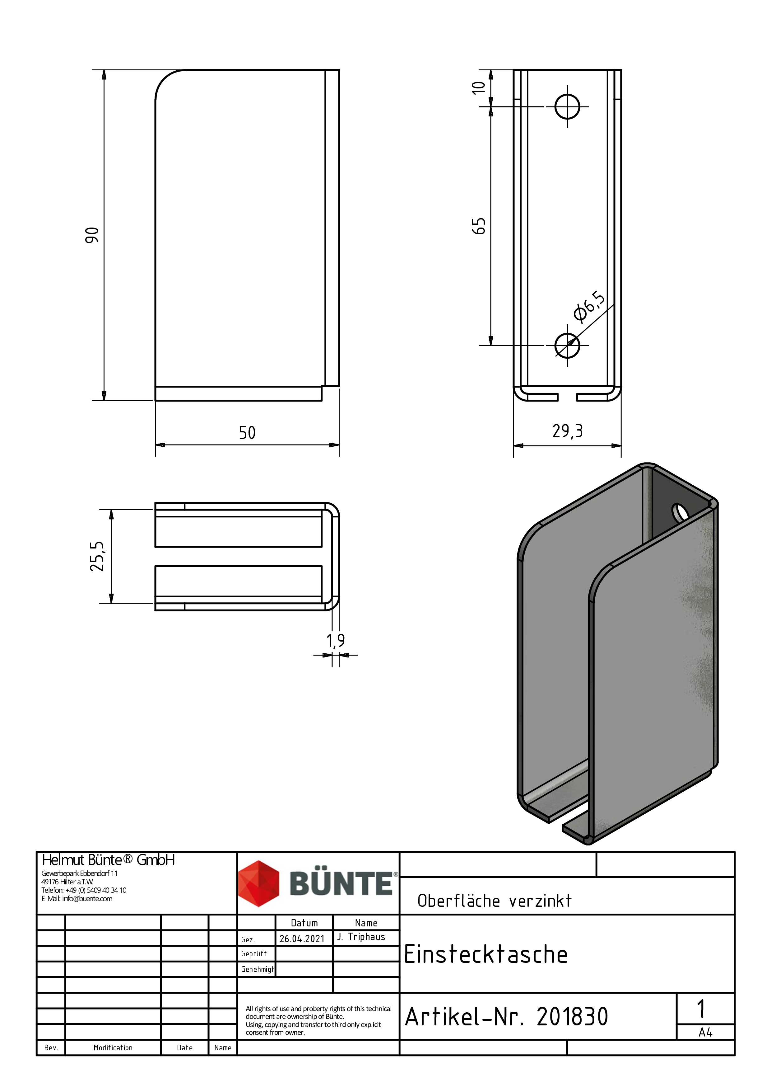 Insteekhouder, 25-26 x 50 x 90