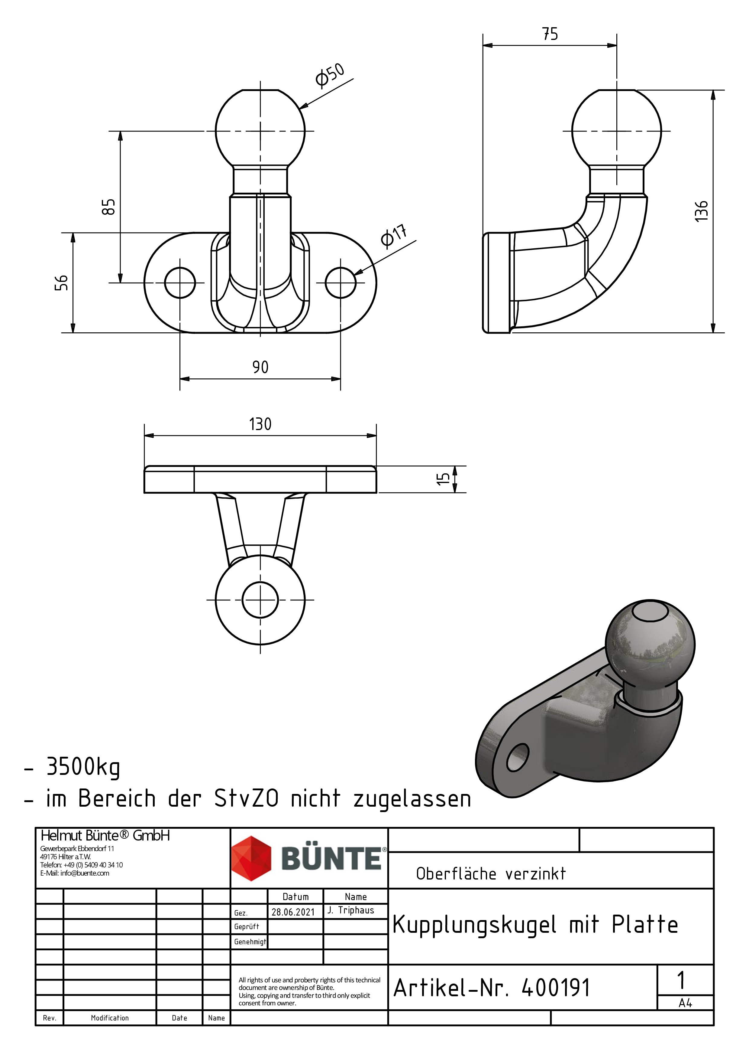 Kupplungskugel m. Platte, Ø 50 mm, 3500 kg