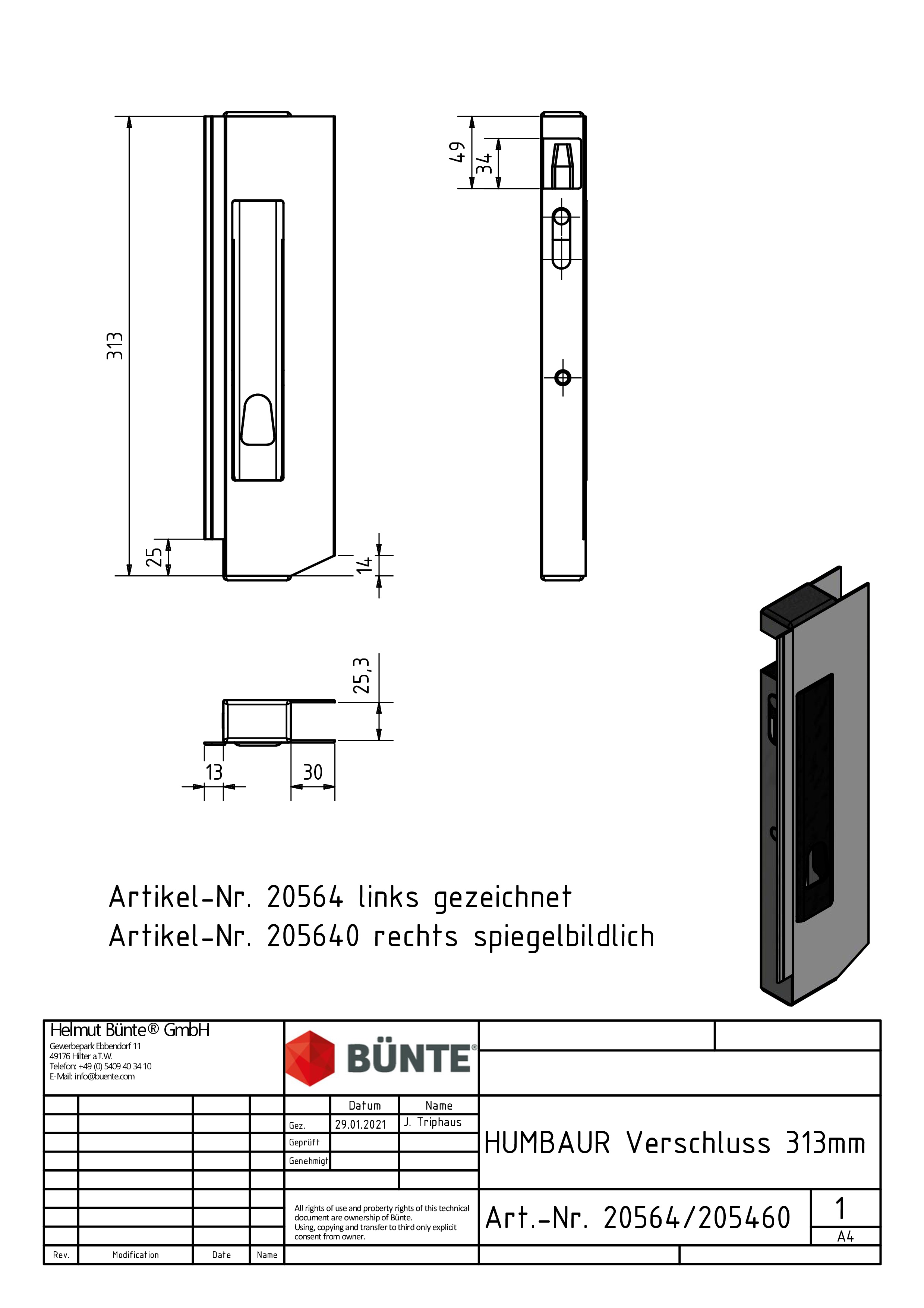 Aluminiumverschluss, rechts, 313 mm, GH unten