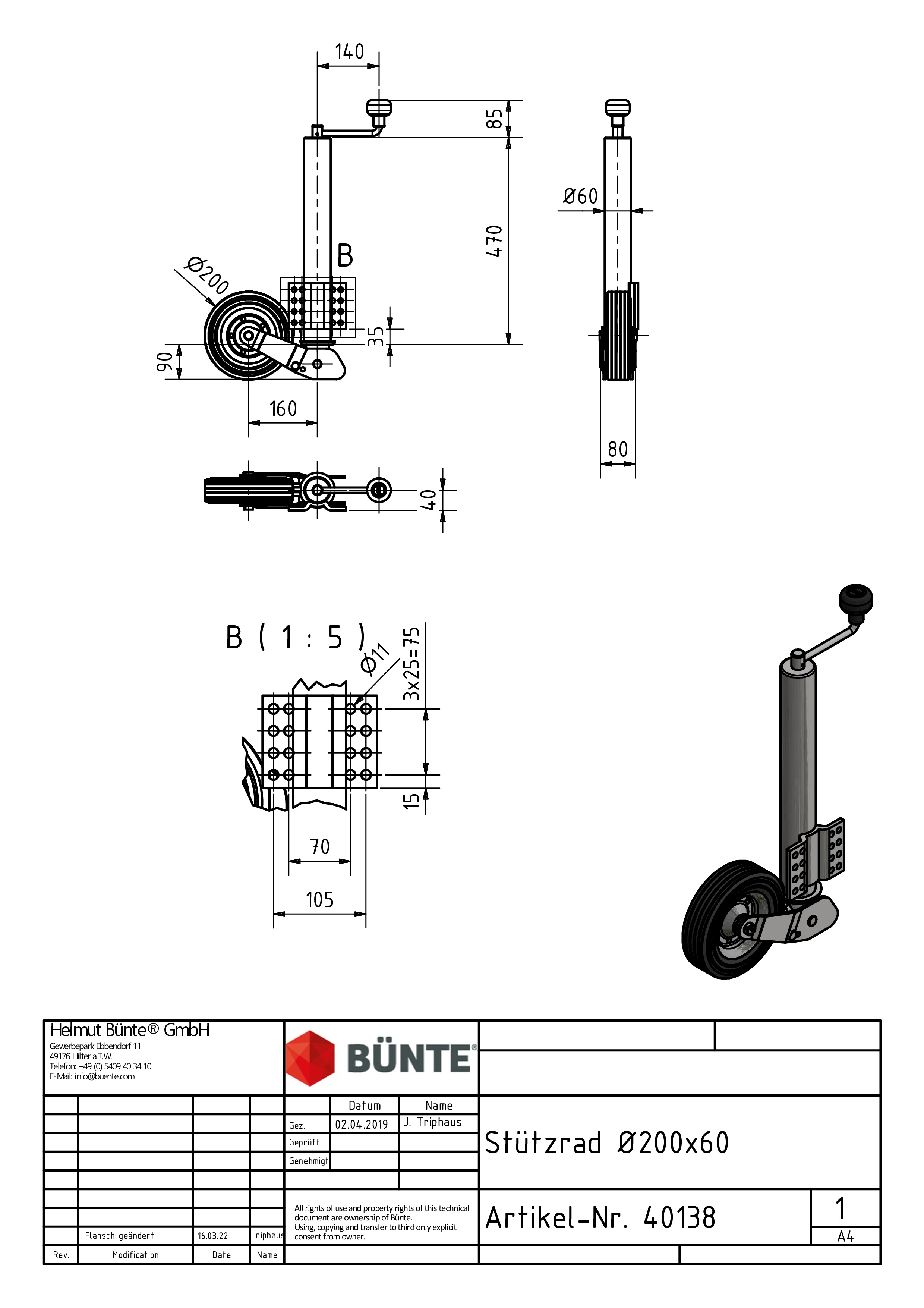 BÜNTE Steunwiel, Ø 60 mm, 200 x 60 mm, met 16-gaat