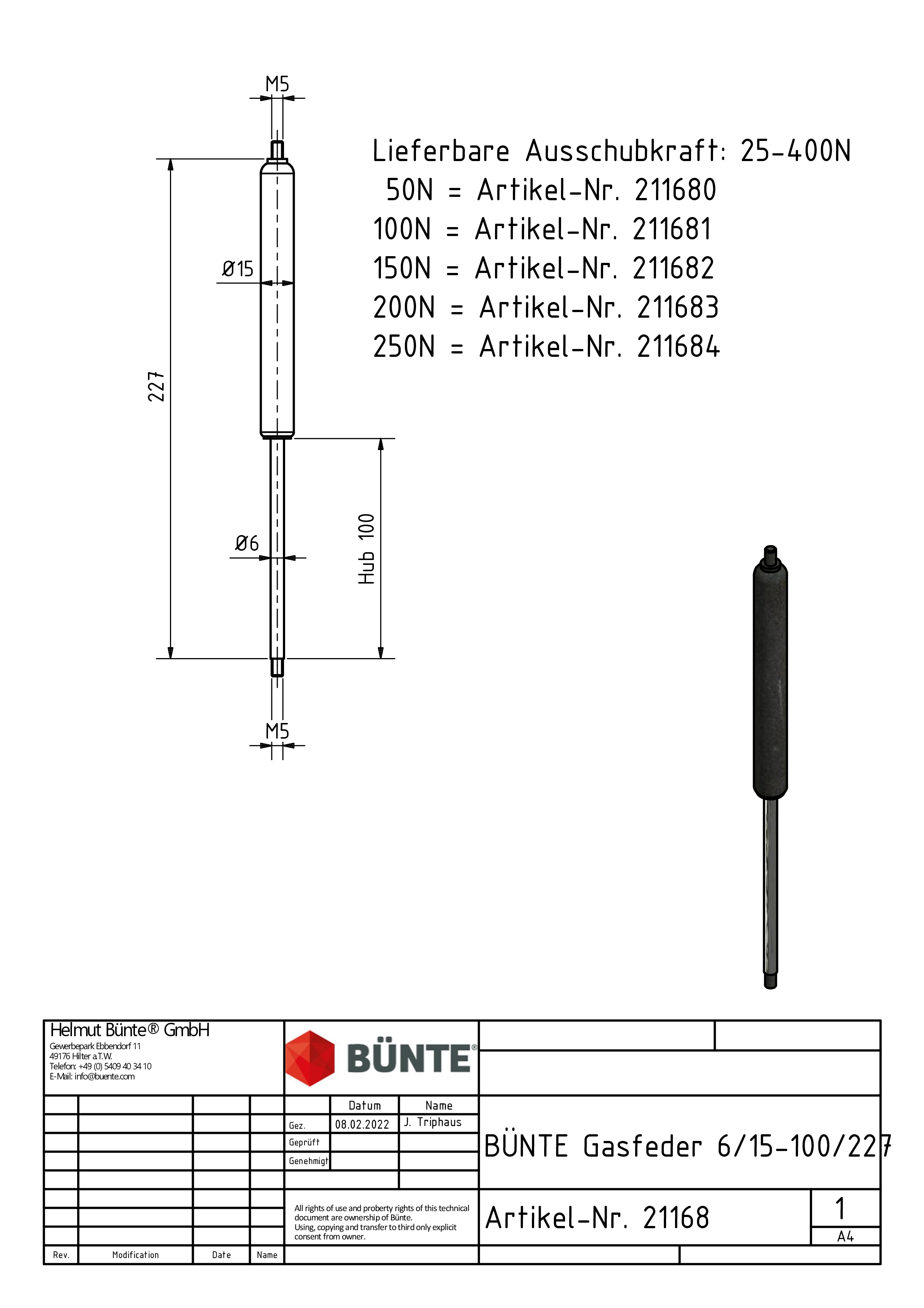 BÜNTE Gasfeder 6/15, 25-400 N, 227 mm, 100 mm Hub