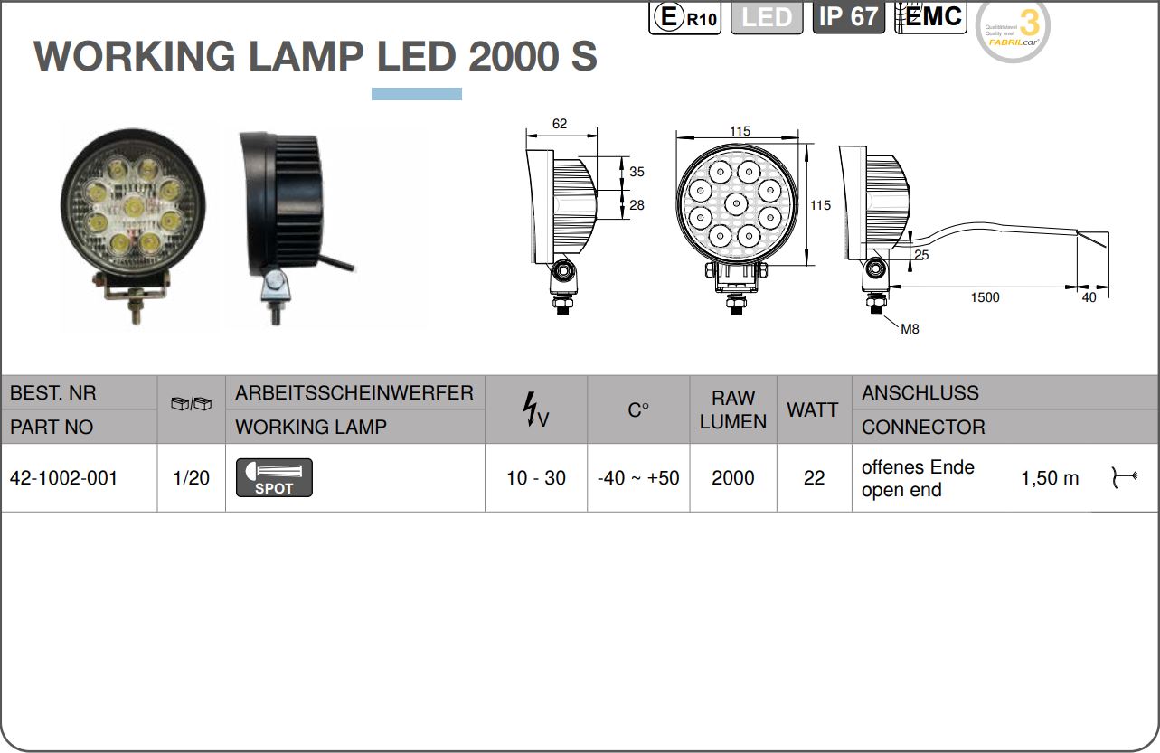 FABRILCAR Arbeitsscheinwerfer 2000 S LED (Spot)