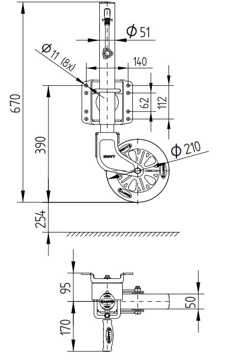 KNOTT Stützrad TK51, Ø 51 mm, schwenkbar