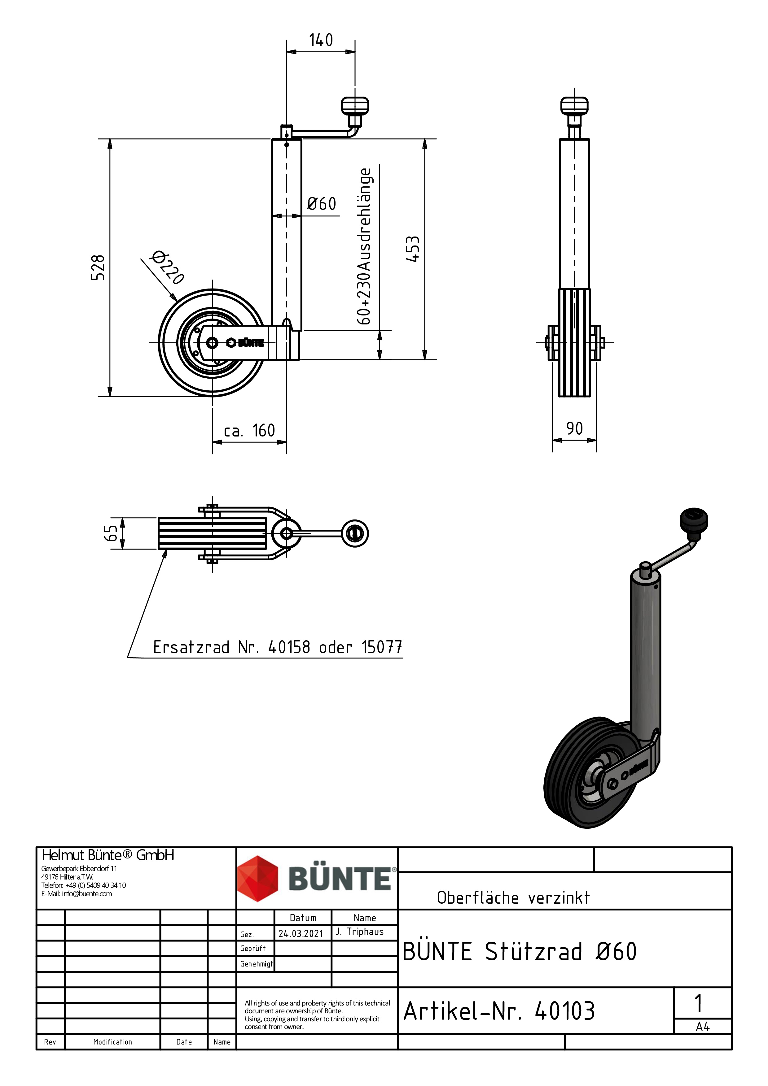 BÜNTE Jockey Wheel, Ø 60 mm, 220 x 60 mm