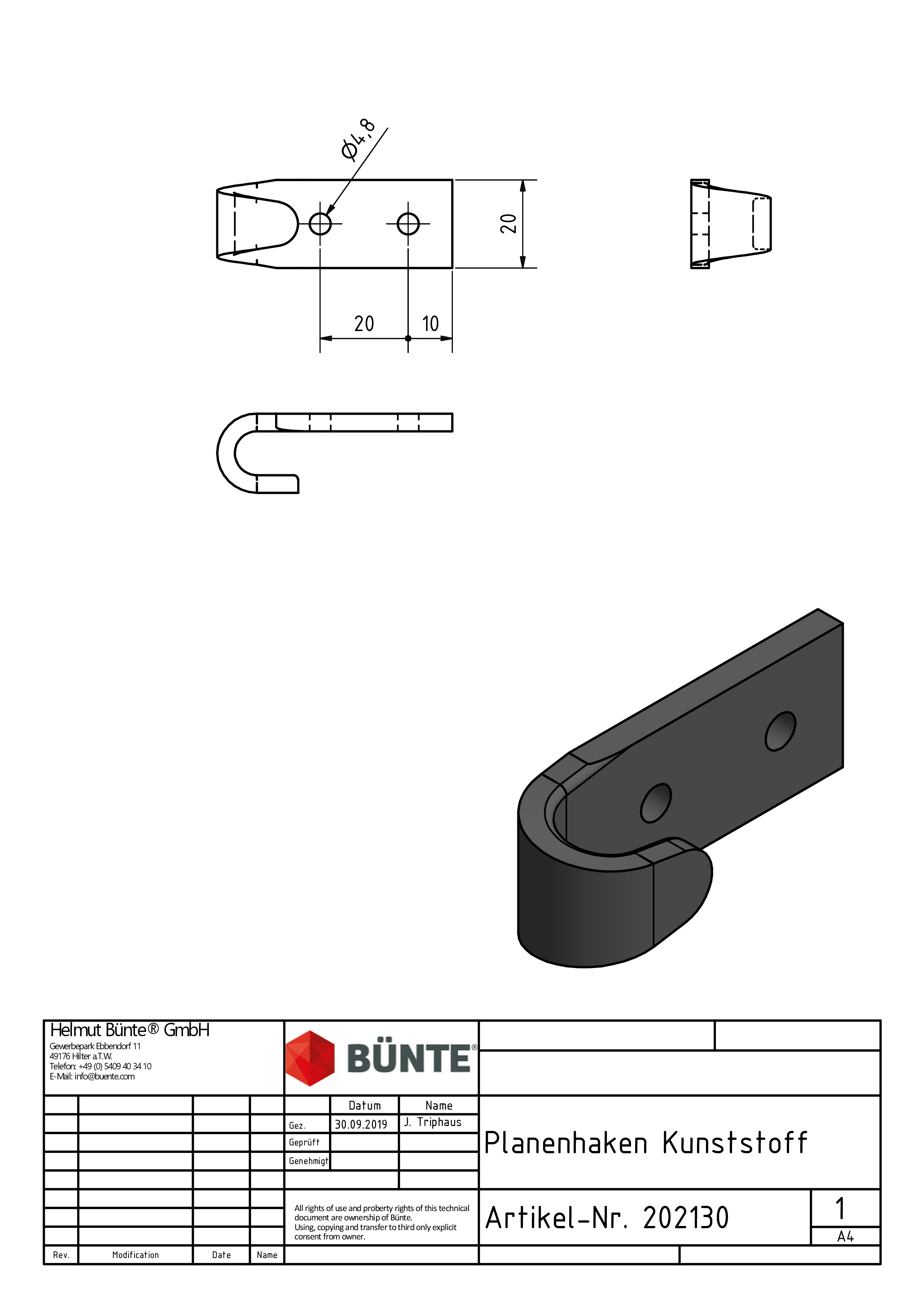 Tarpaulin hook, two holes, pla