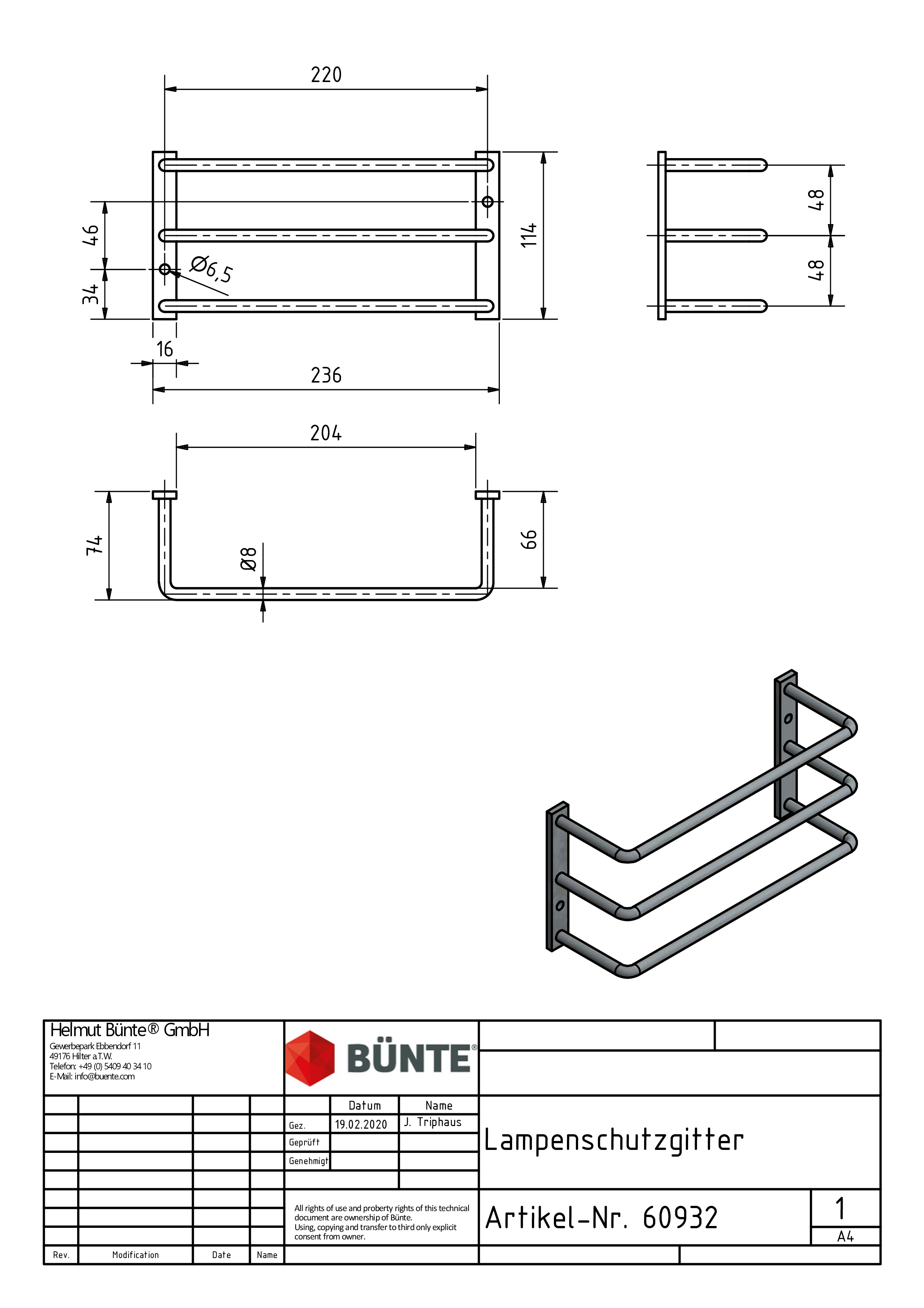 Lampenschutzgitter, 114 x 236 x 74 mm