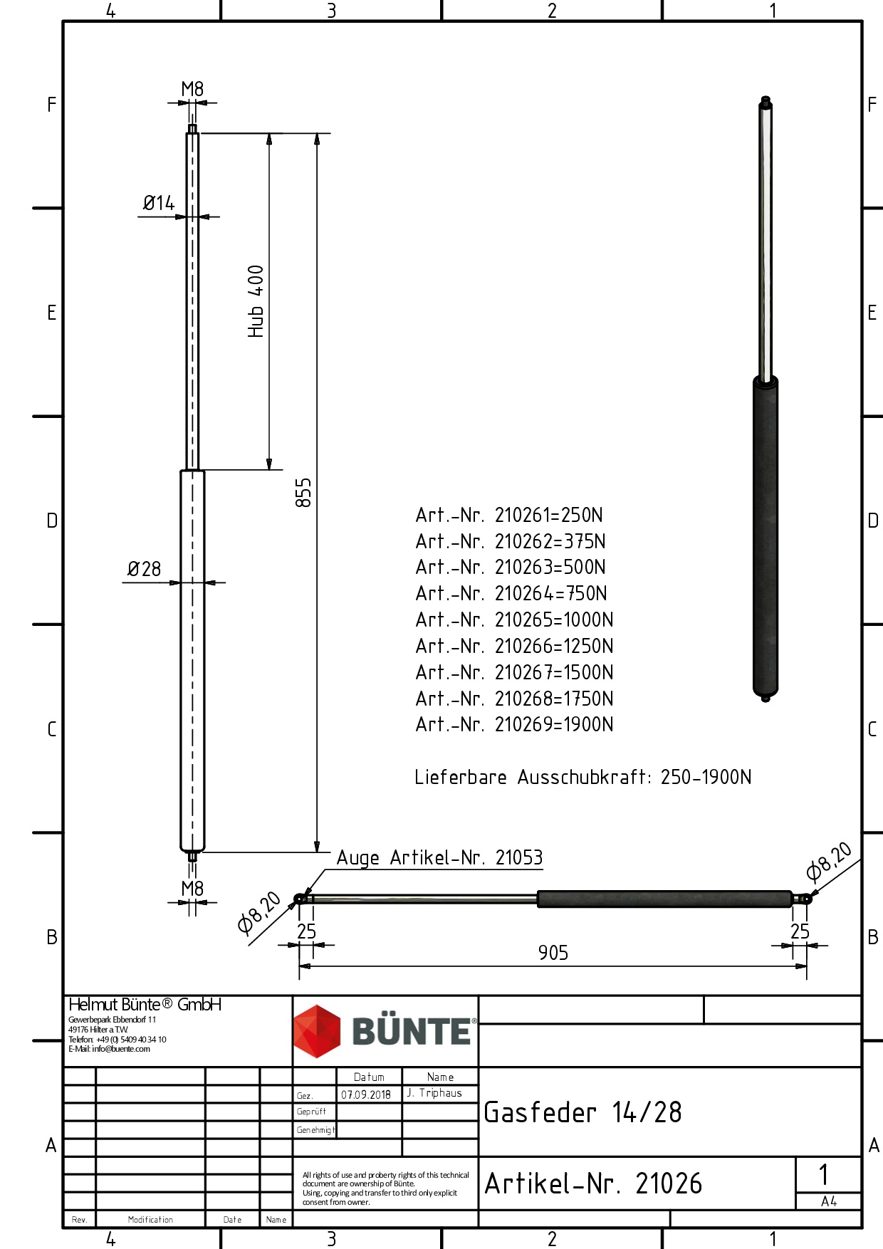 BÜNTE Gasfeder 14/28, 2000 N, 855 mm, 400 mm Hub