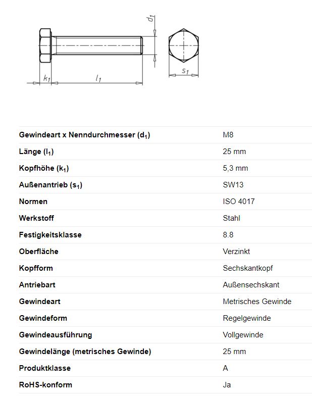 Sechskantschraube, M8 x 25 mm, Schlüsselweite 13