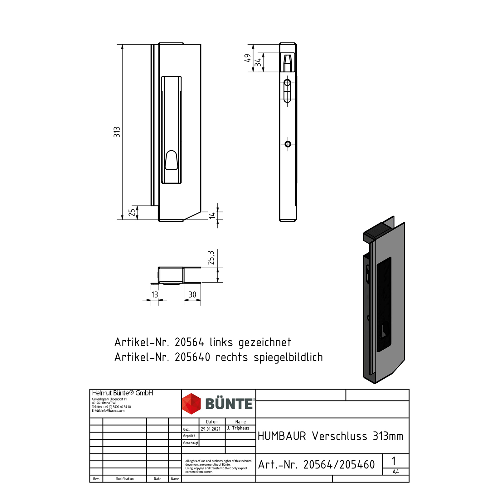 Aluminiumverschluss, links, 313 mm, GH unten