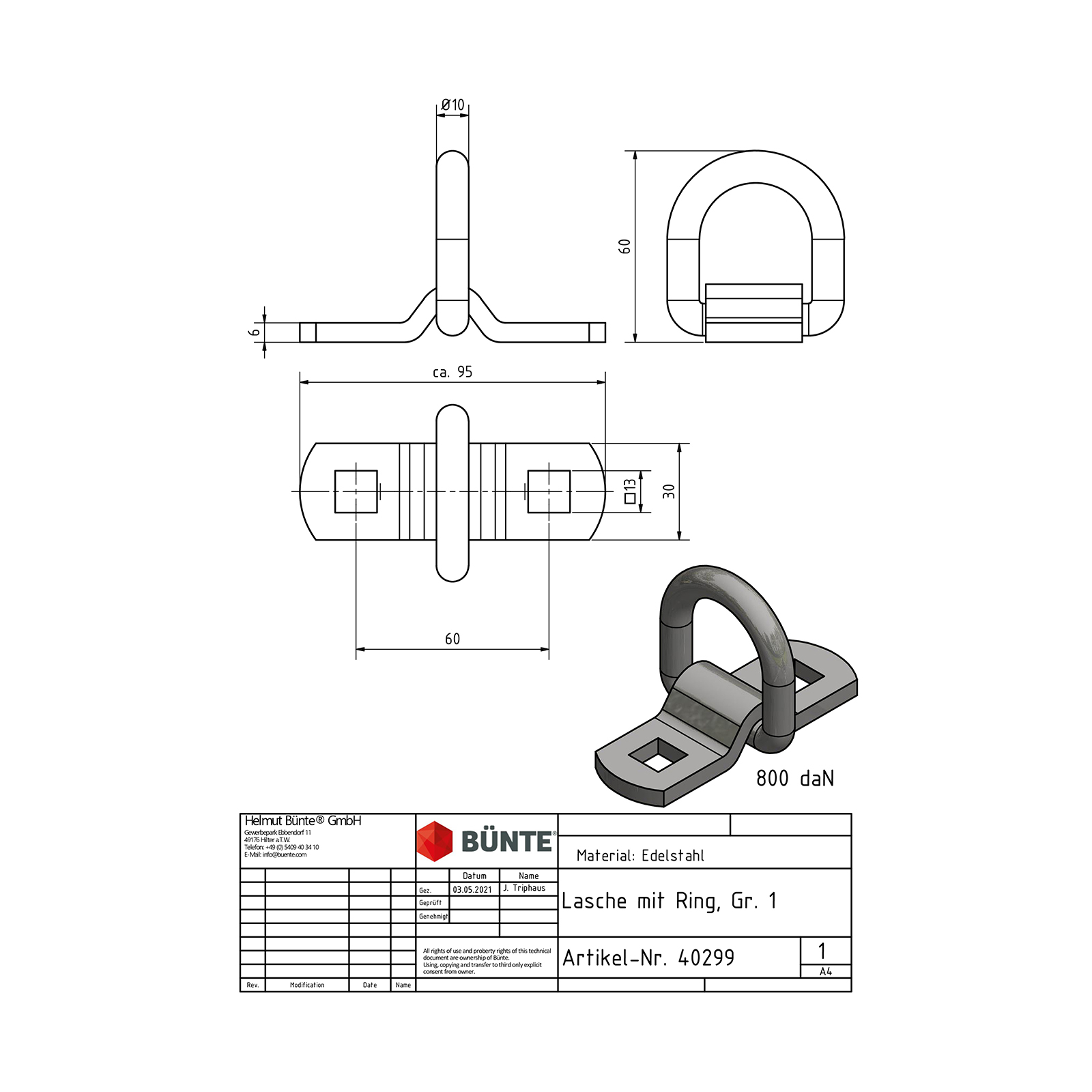 Vloeranker met ring, 30 x 95 mm, RVS