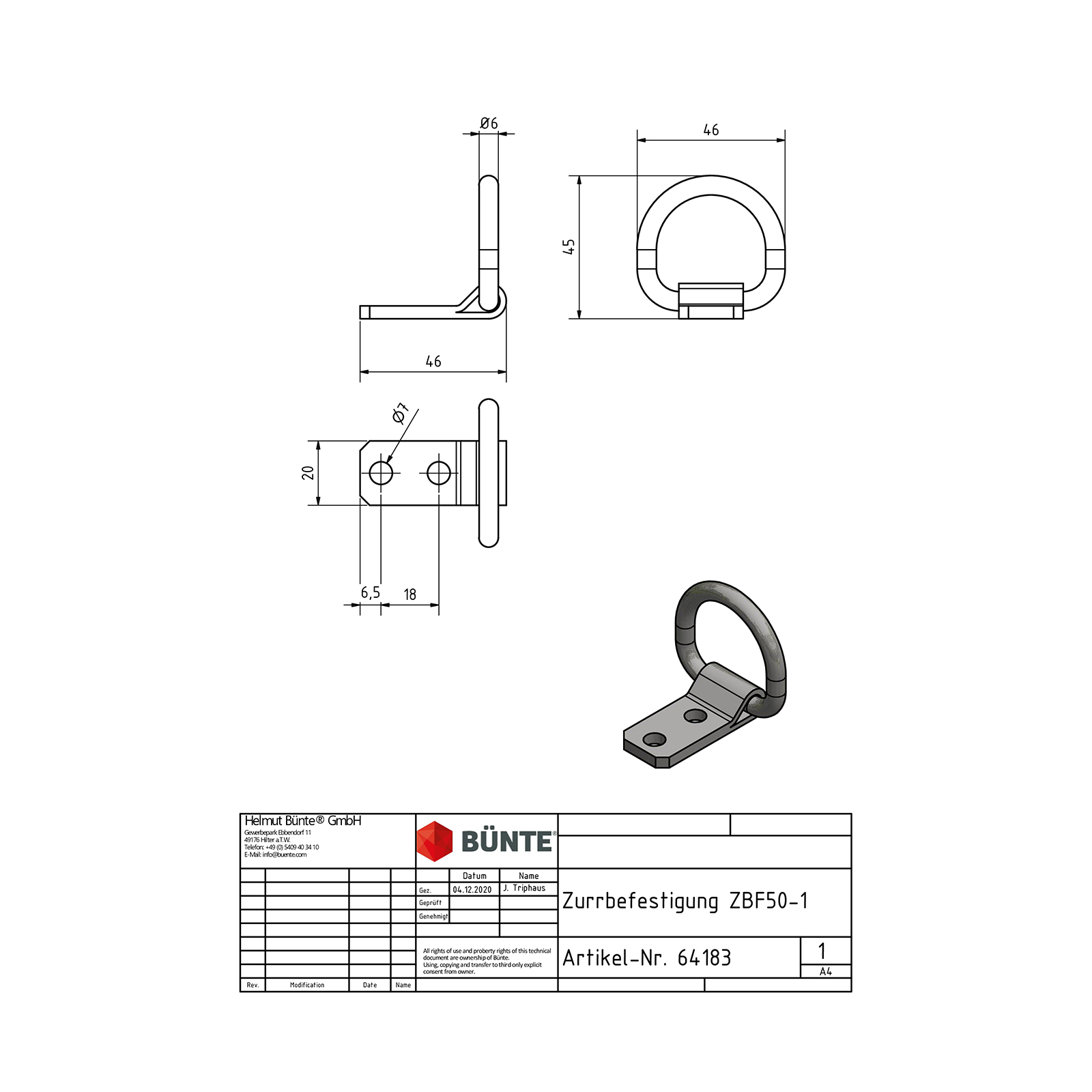 BÜNTE Zurröse ZBF 50-1, 20/46 x 46 x 45 mm