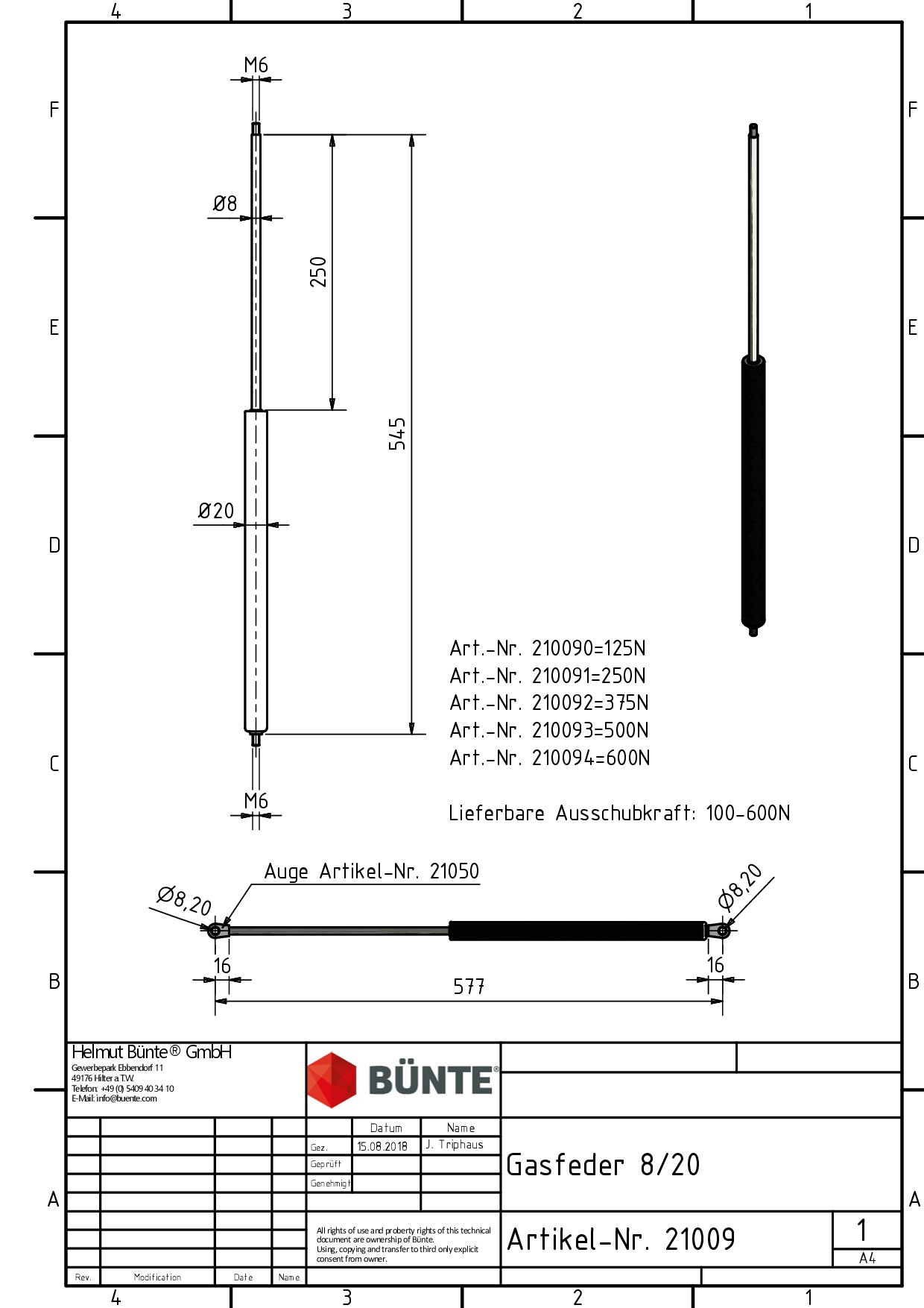 BÜNTE Gasfeder 8/19, 500 N, 545 mm, 250 mm Hub