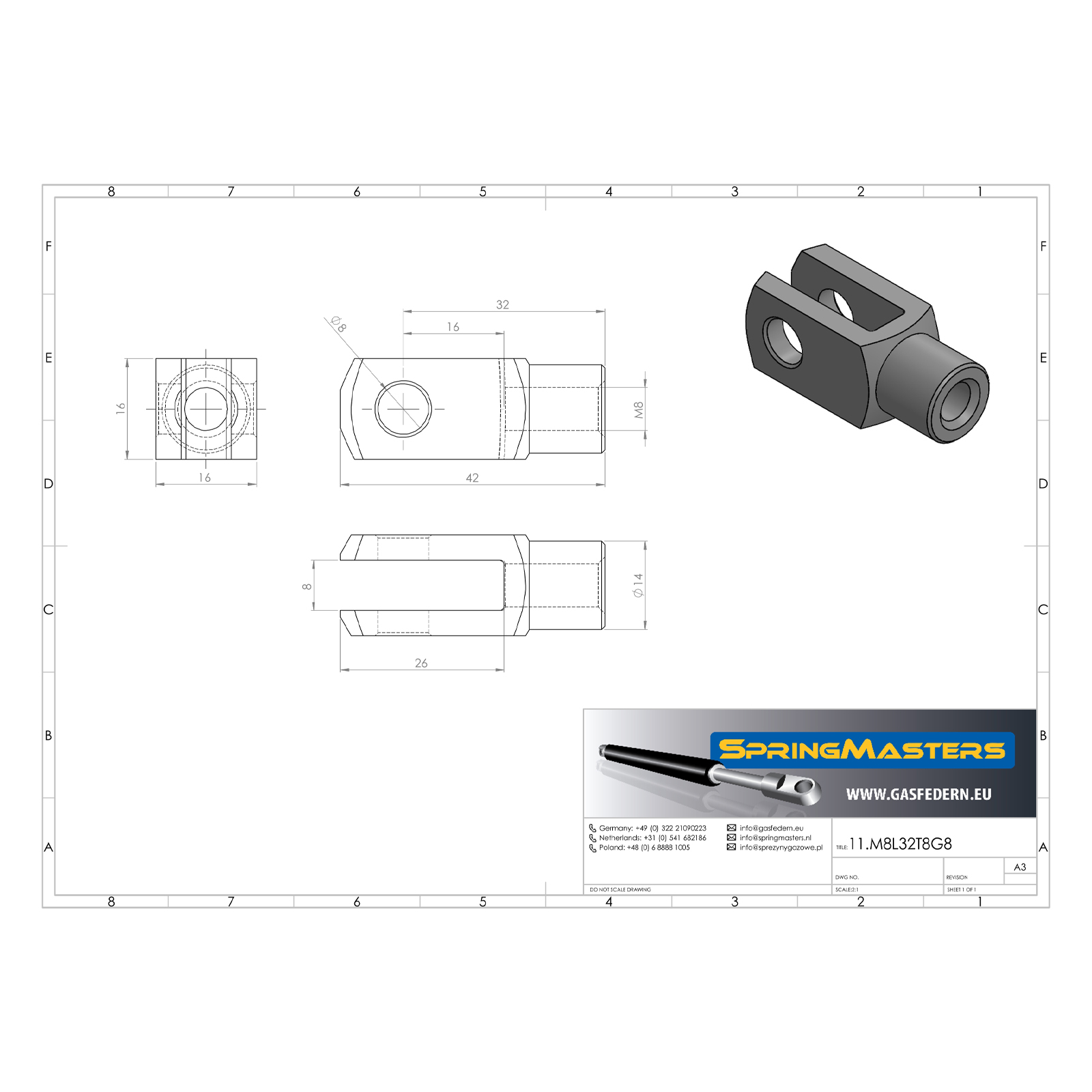 Gaffel met borgclip M8, 32 mm