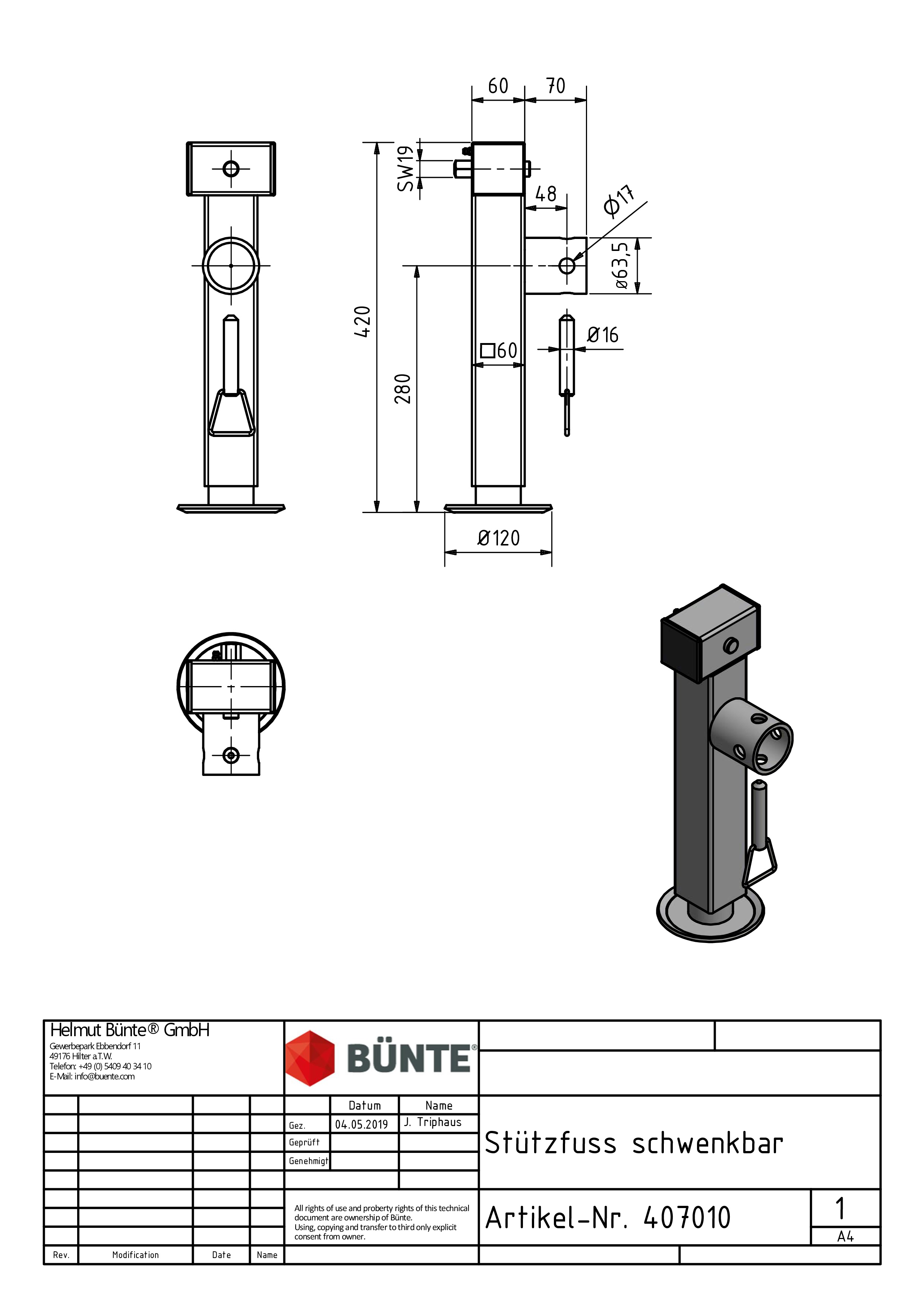 WINTERHOFF Stützfuß, schwenkbar, Vkt. 60 x 415 mm