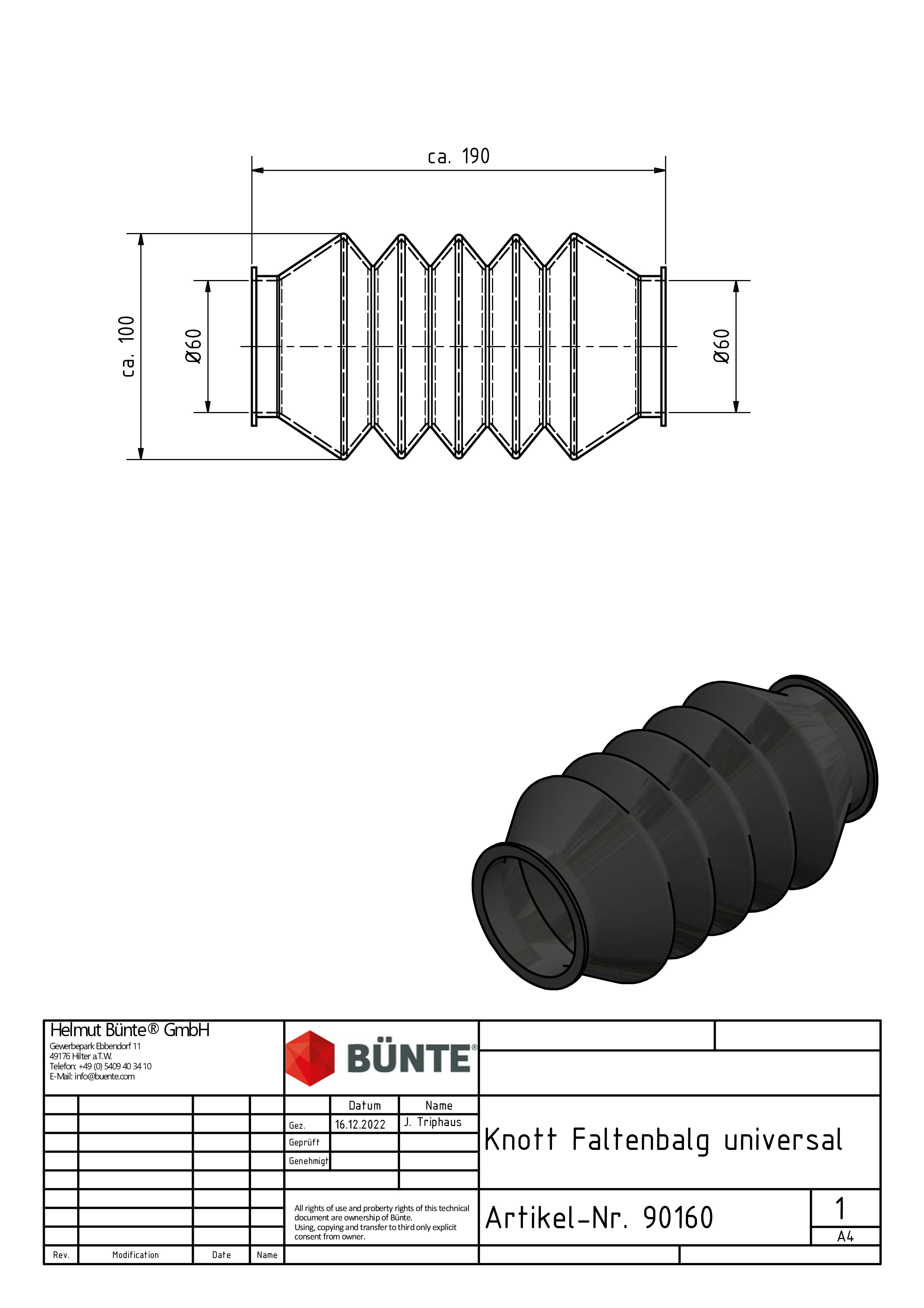 KNOTT Faltenbalg, Ø 58/60 x 160 mm, 5 Falten