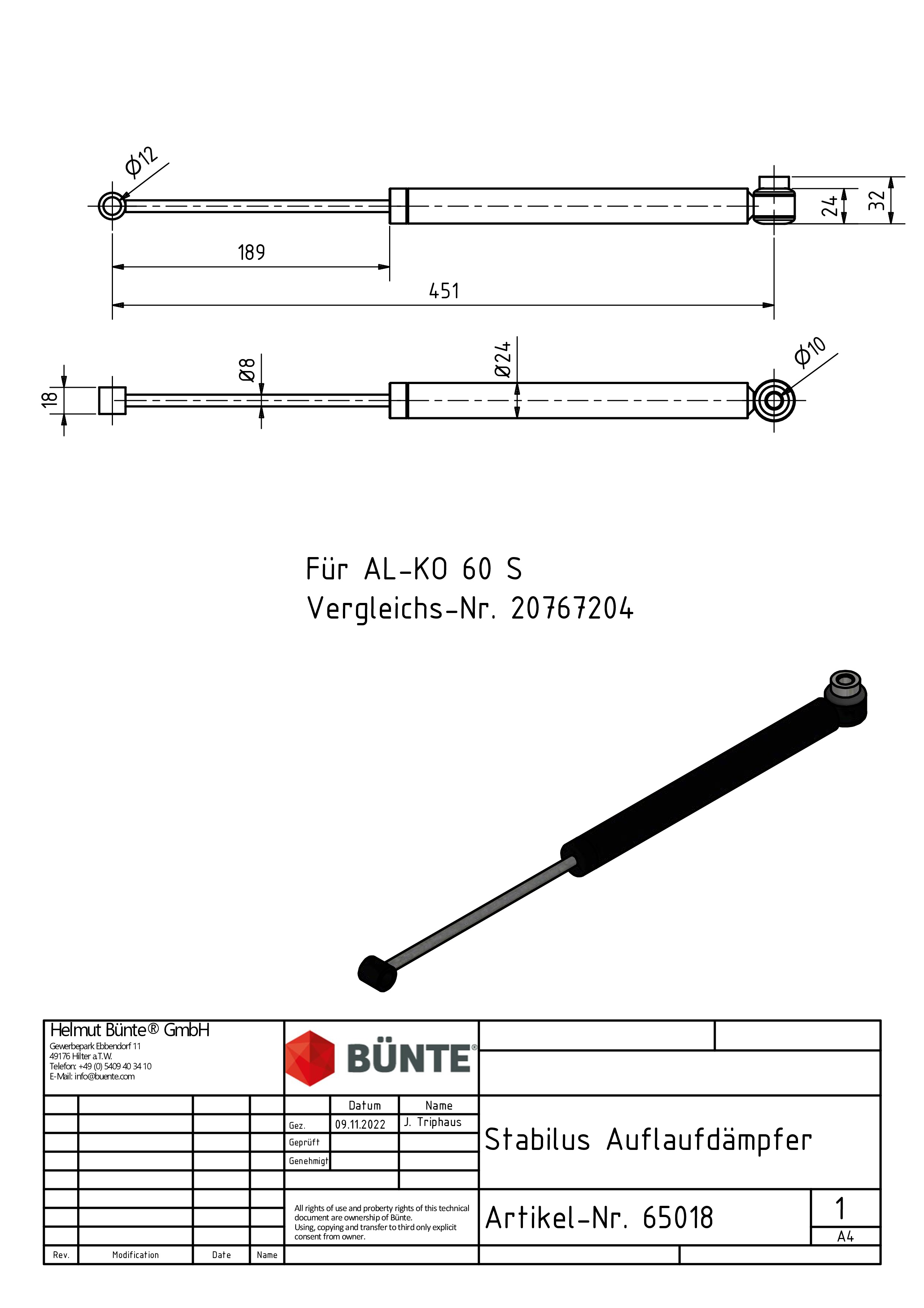 Auflaufstoßdämpfer, f. AL-KO 60 S, Ø 24 mm, 451 mm