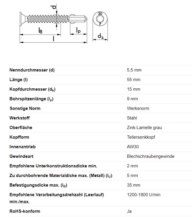 Flügelbohrschraube m. Senkkopf AW30, Ø 5,5 x 55 mm