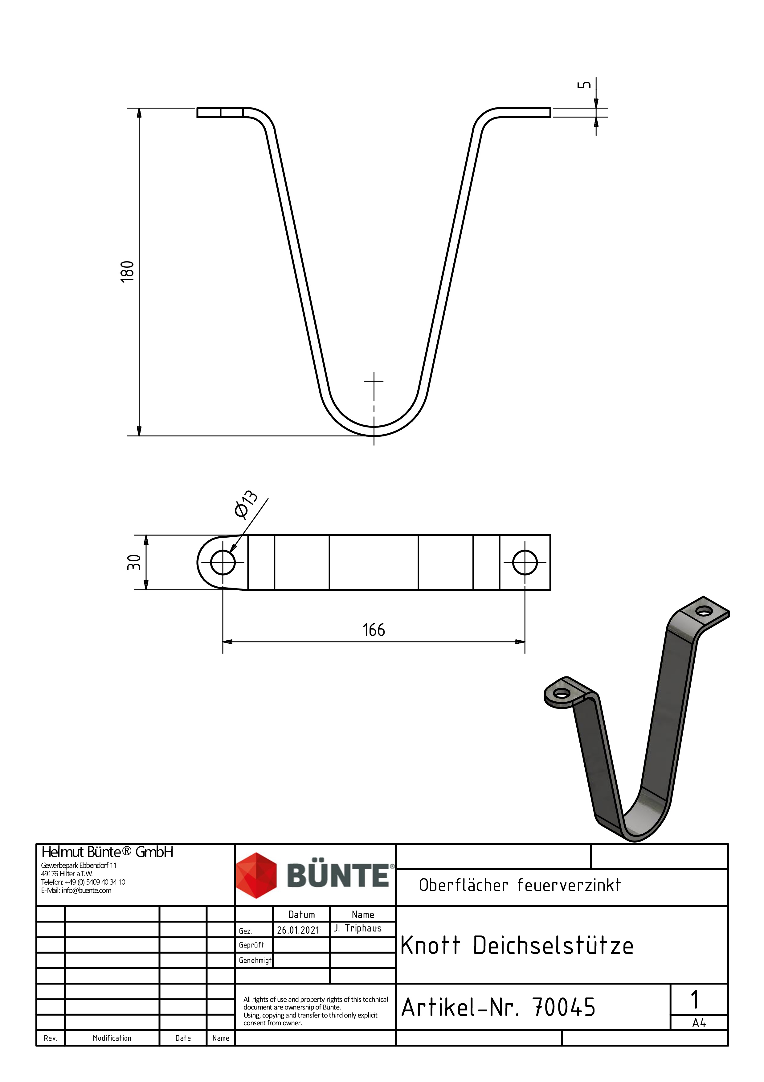 KNOTT Deichselstütze, 180 mm, Lochabstand 166 mm